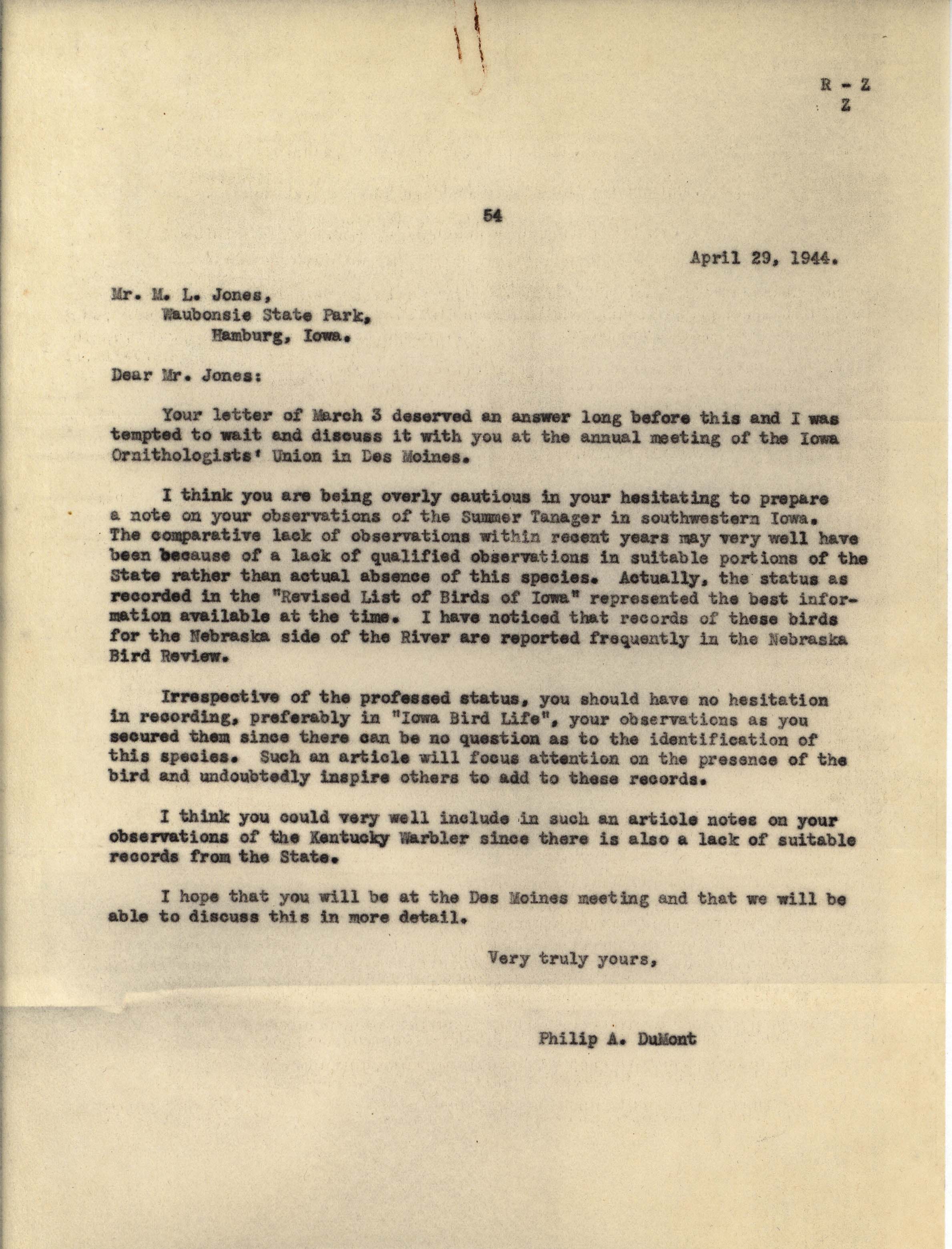 Philip DuMont letter to Myrle Jones regarding the reporting of sightings of rare birds, April 29, 1944