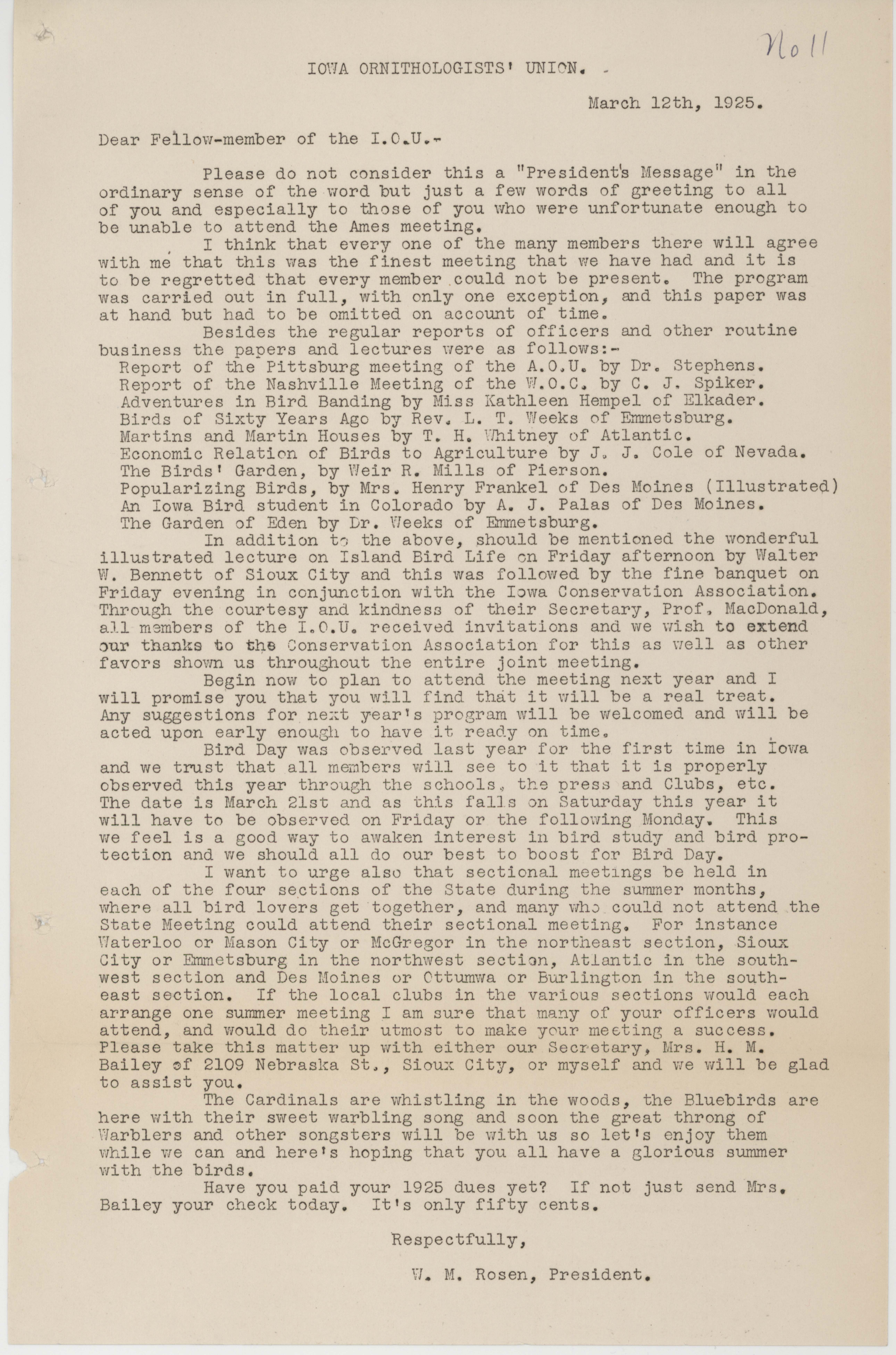 Letter to the members of the Iowa Ornithologists' Union regarding the recent annual meeting, March 12, 1925