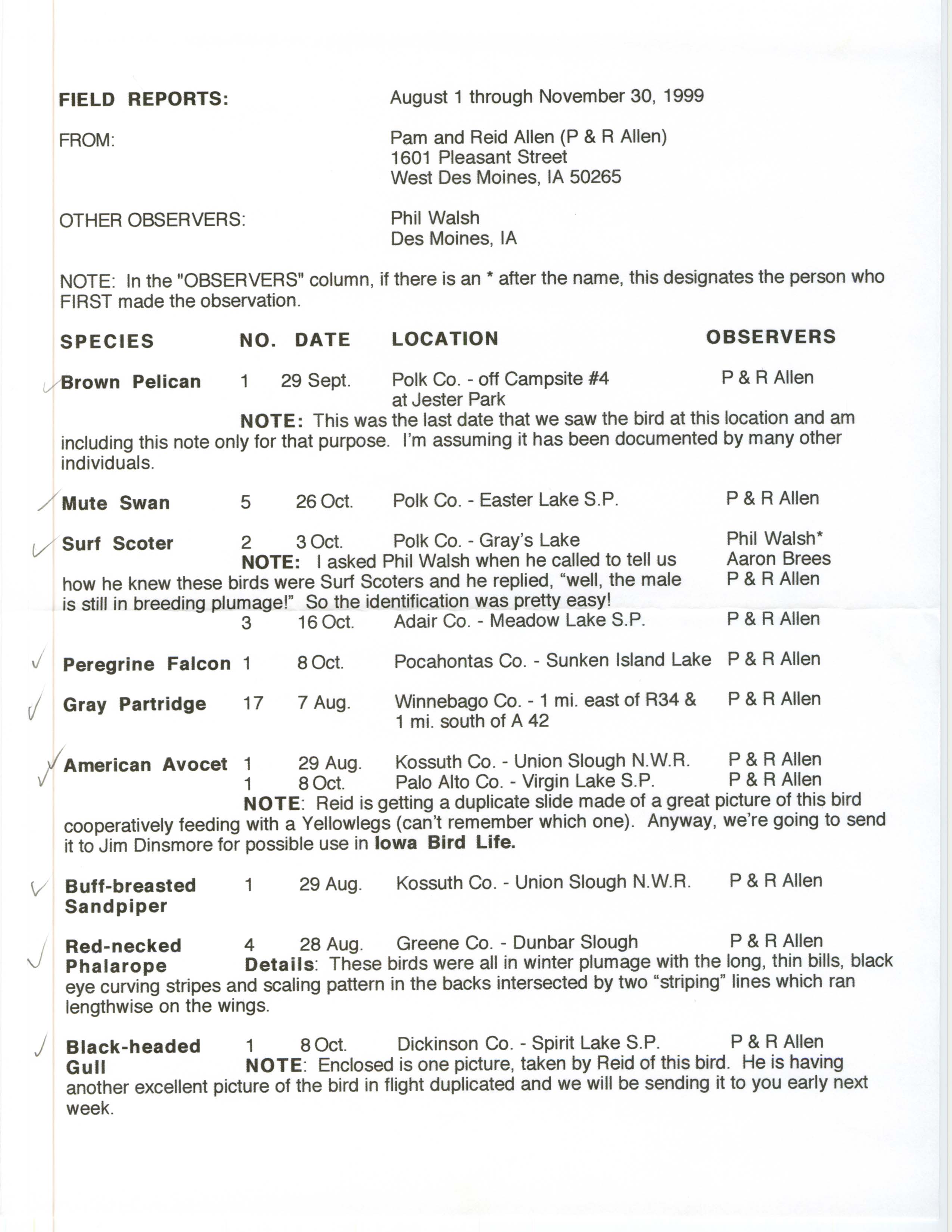 Field reports, August 1 through November 30, 1999, Pam and Reid Allen