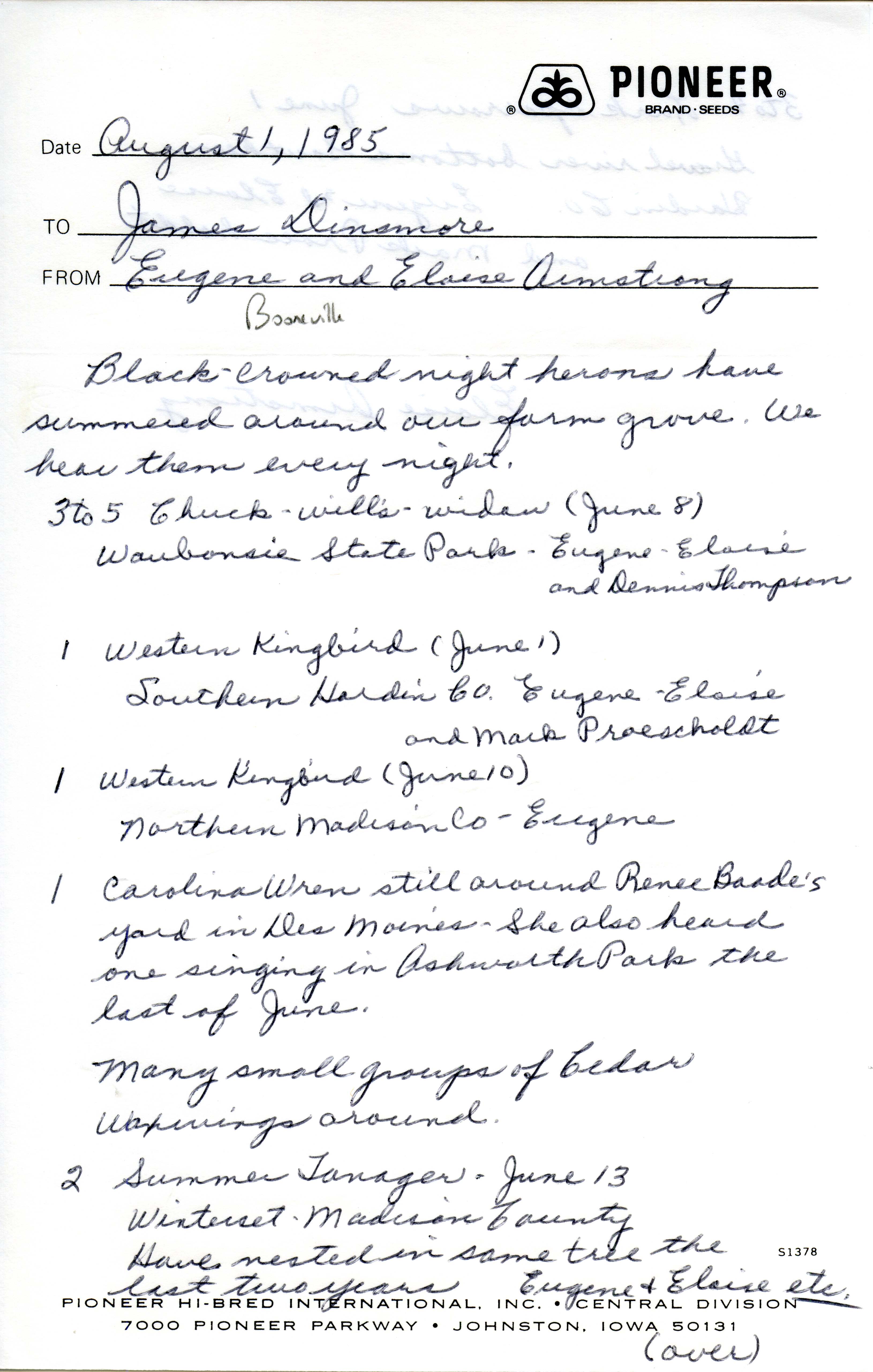 Eugene and Eloise Armstrong letter to James J. Dinsmore regarding field notes, August 1, 1985