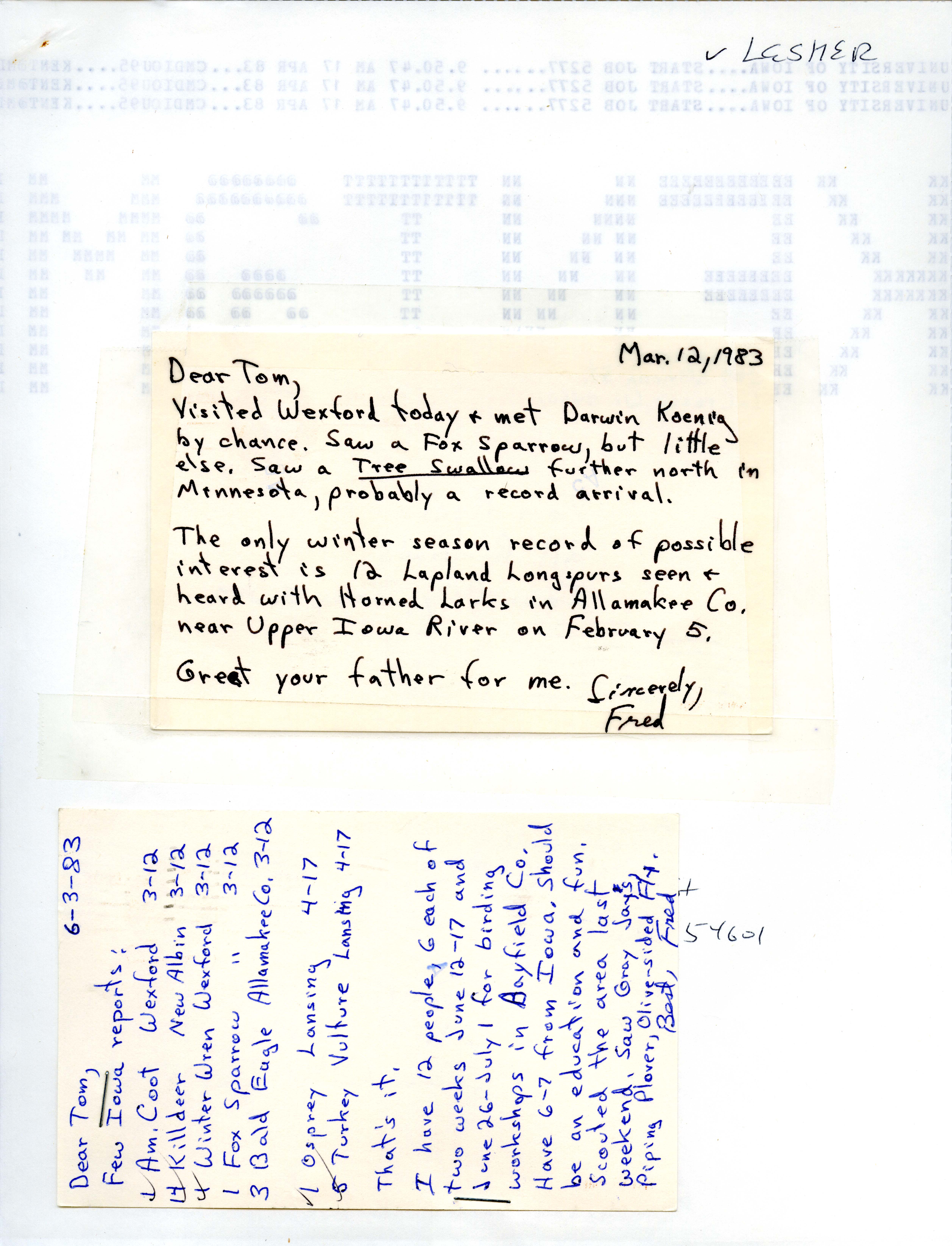 Fred Lesher letters to Thomas H. Kent regarding bird sightings, March 12, 1983 and June 3, 1983