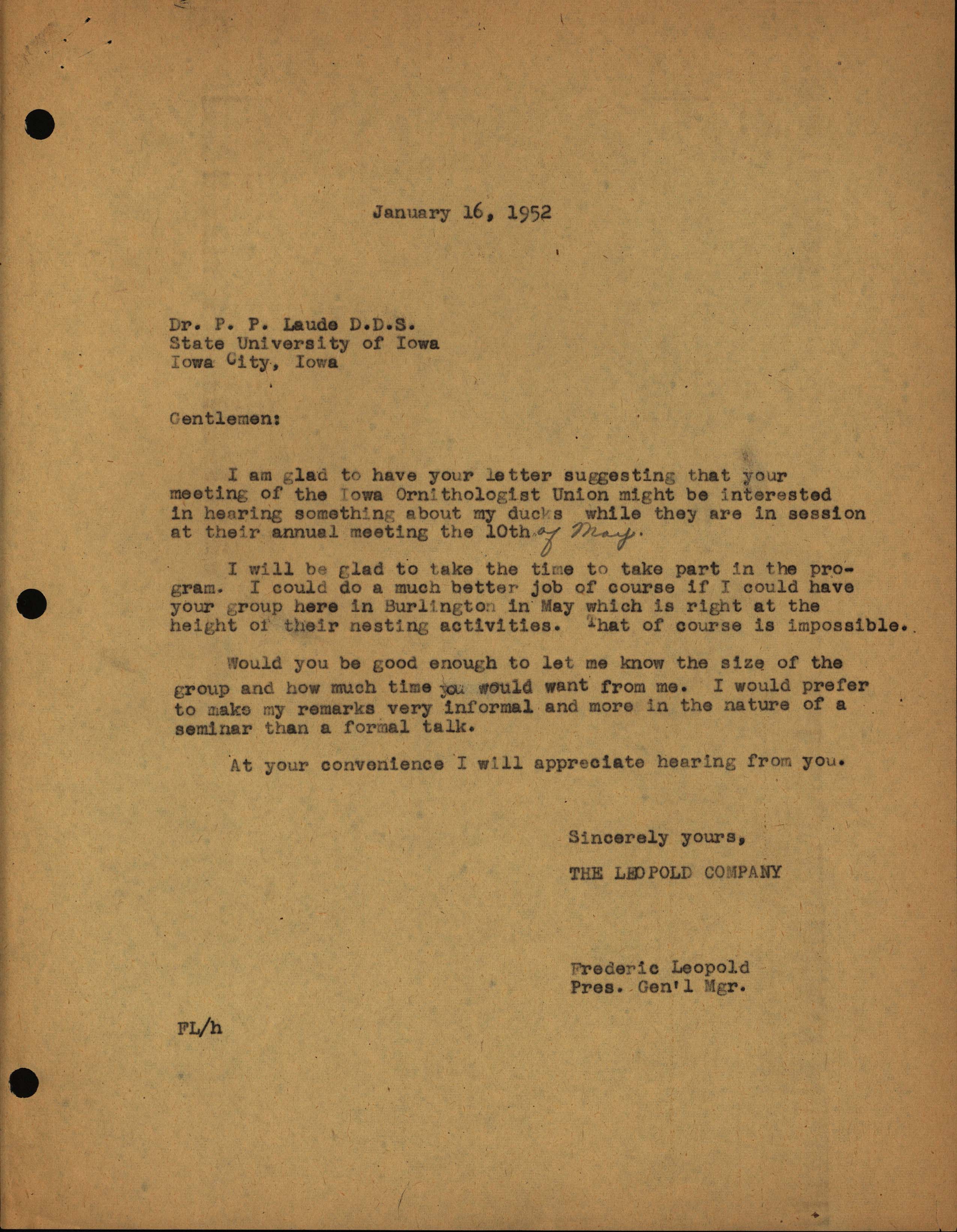 Frederic Leopold letter to Peter P. Laude regarding the Iowa Ornithologists' Union annual meeting, January 16, 1952