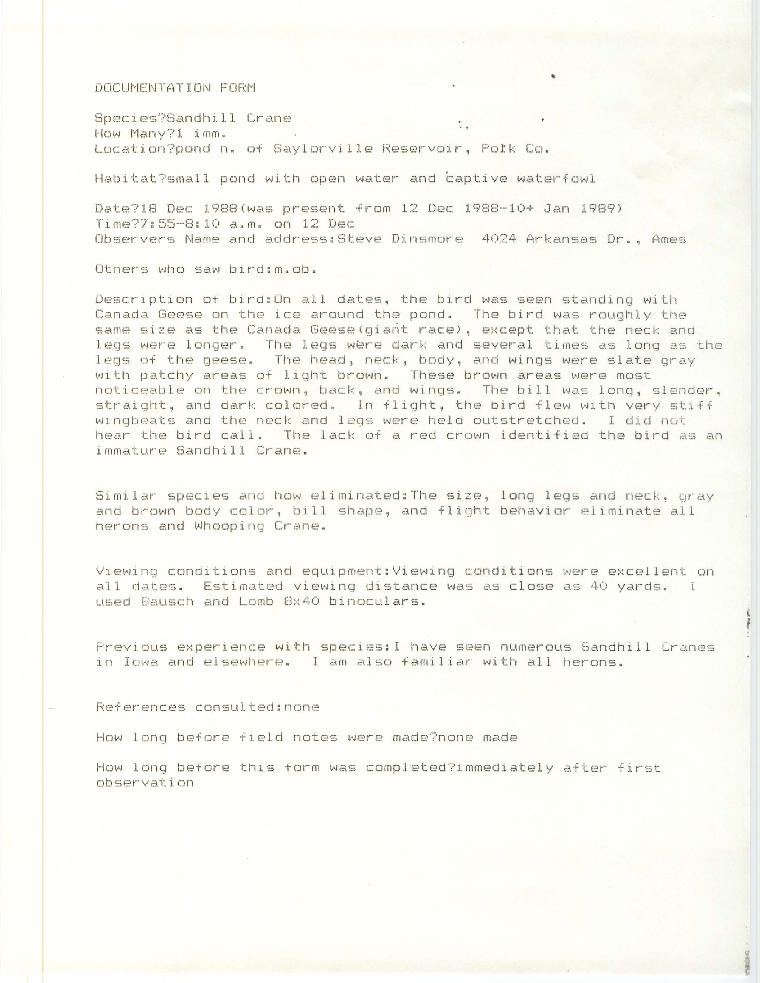 Rare bird documentation form for Sandhill Crane north of Saylorville Reservoir in 1988
