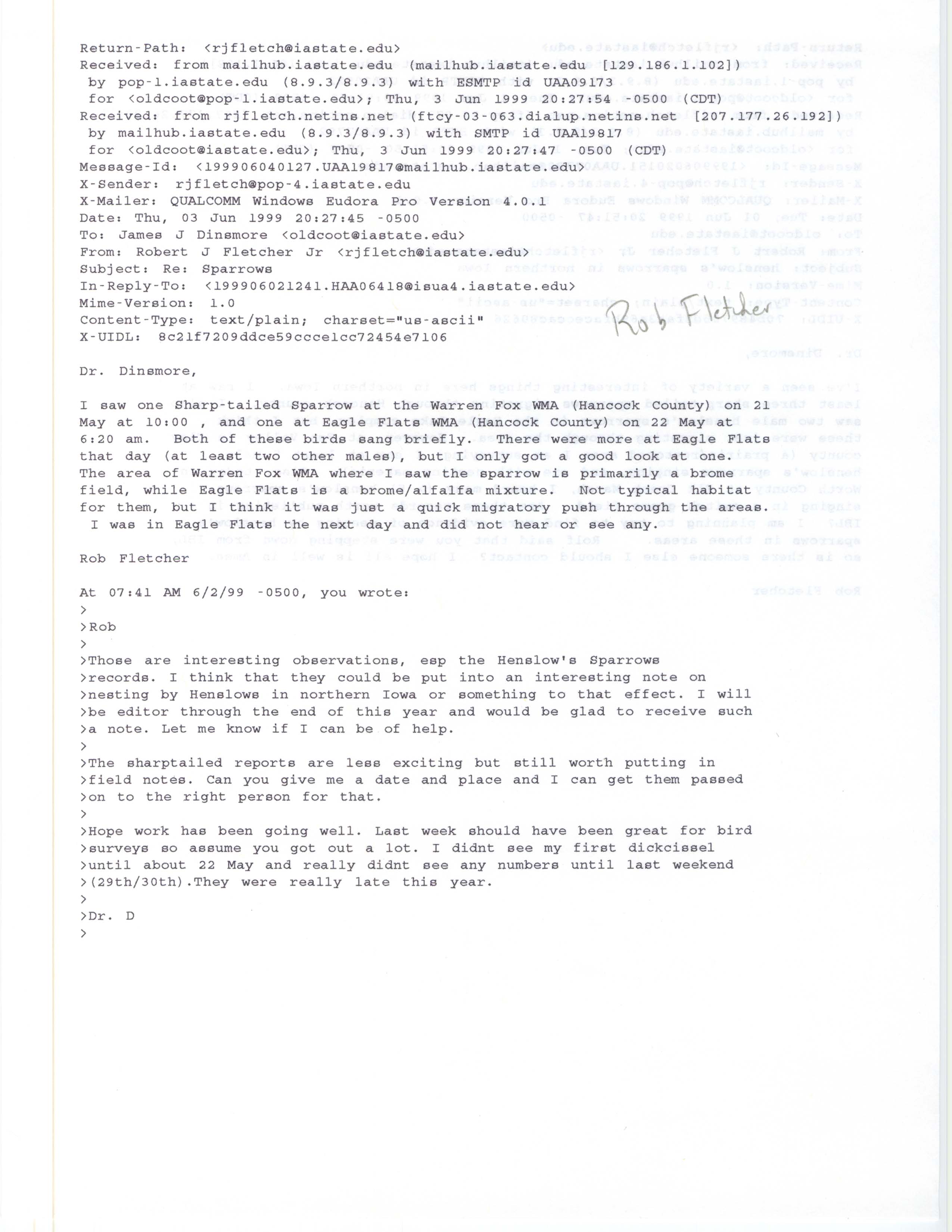 Rob Fletcher email to Jim Dinsmore regarding Sparrows, June 3, 1999