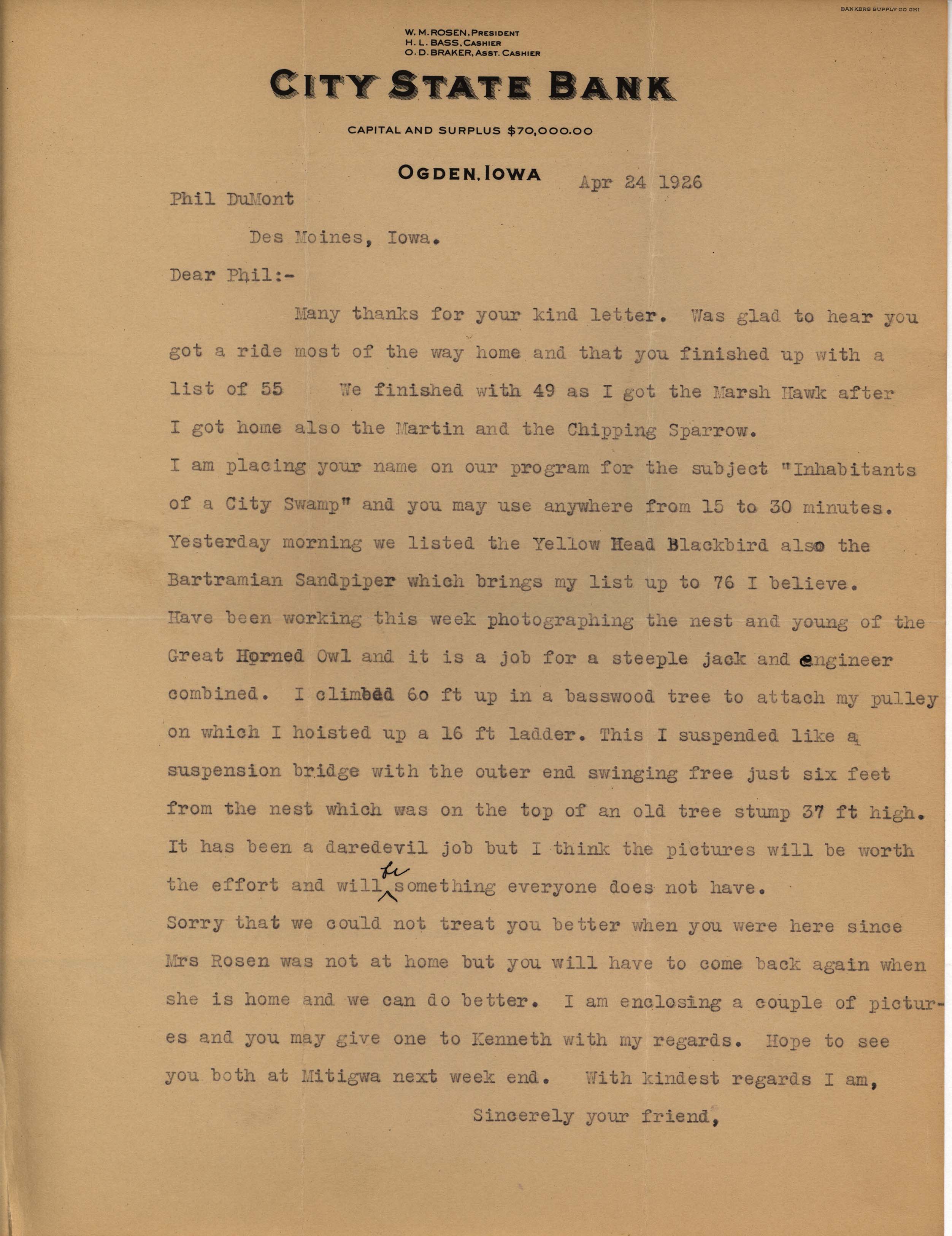 Walter Rosene letter to Philip DuMont regarding recent sightings and photographing a Great Horned Owl, April 24, 1926
