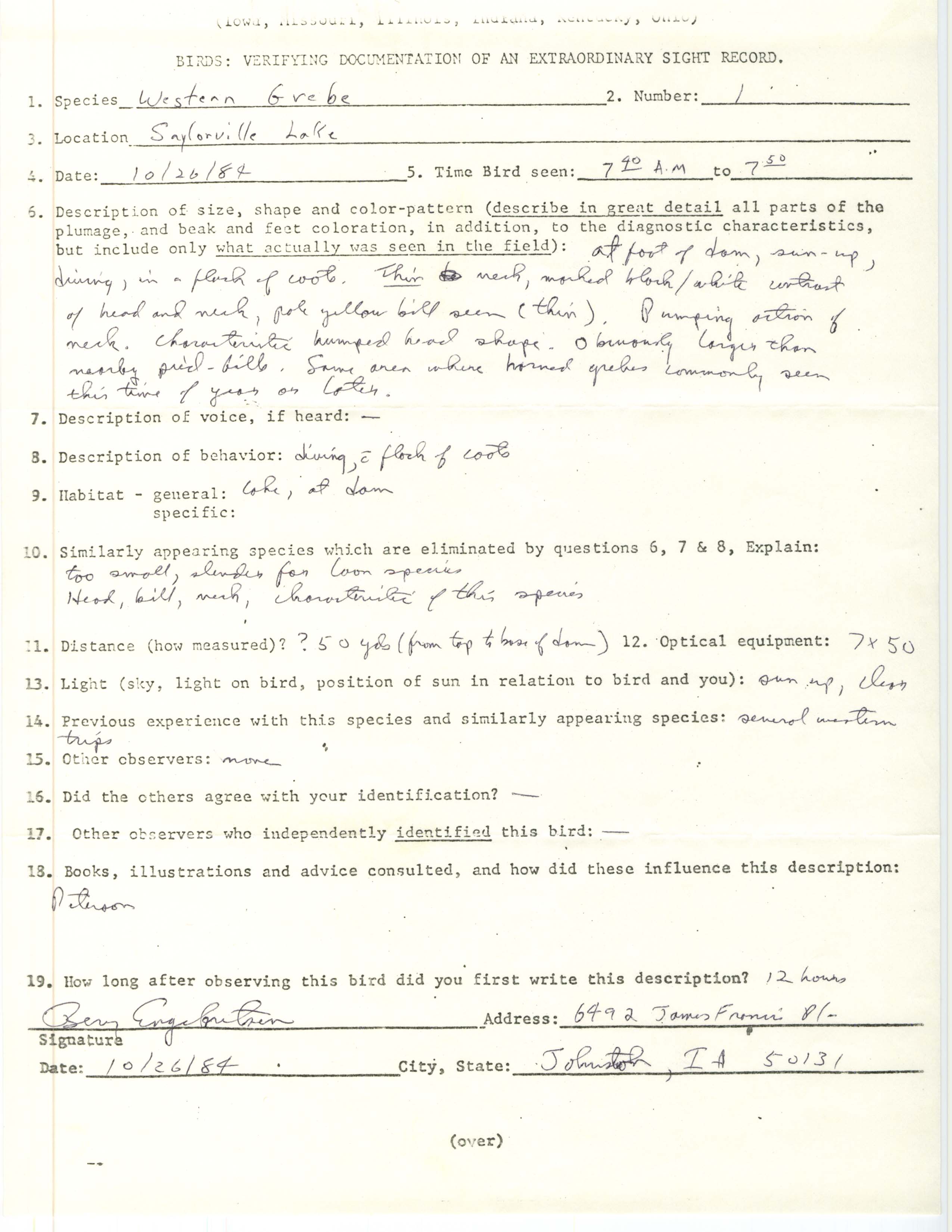 Rare bird documentation form for Western Grebe at Saylorville Lake, 1984