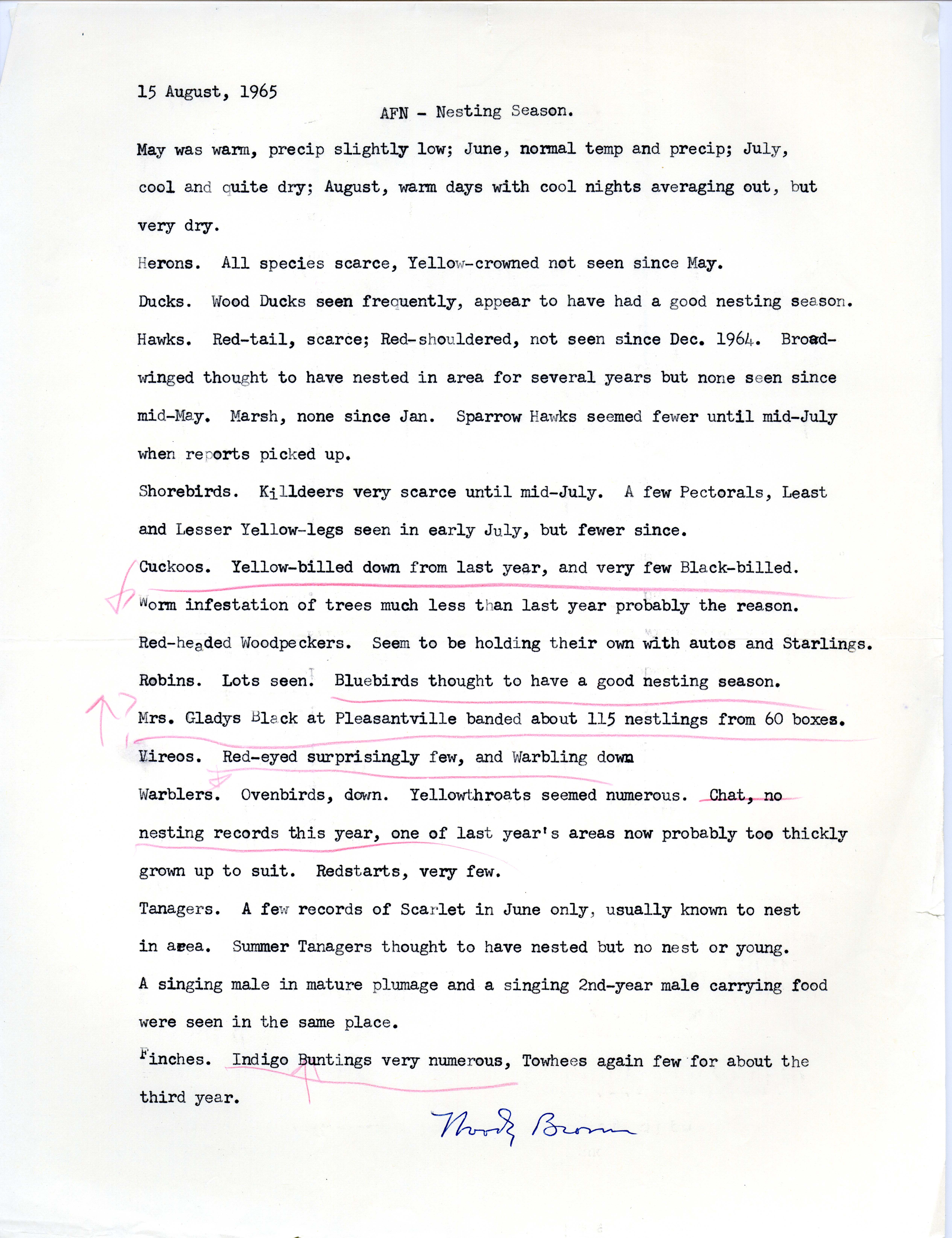 Audubon field notes on the nesting season contributed by Woodward H. Brown, August 15, 1965