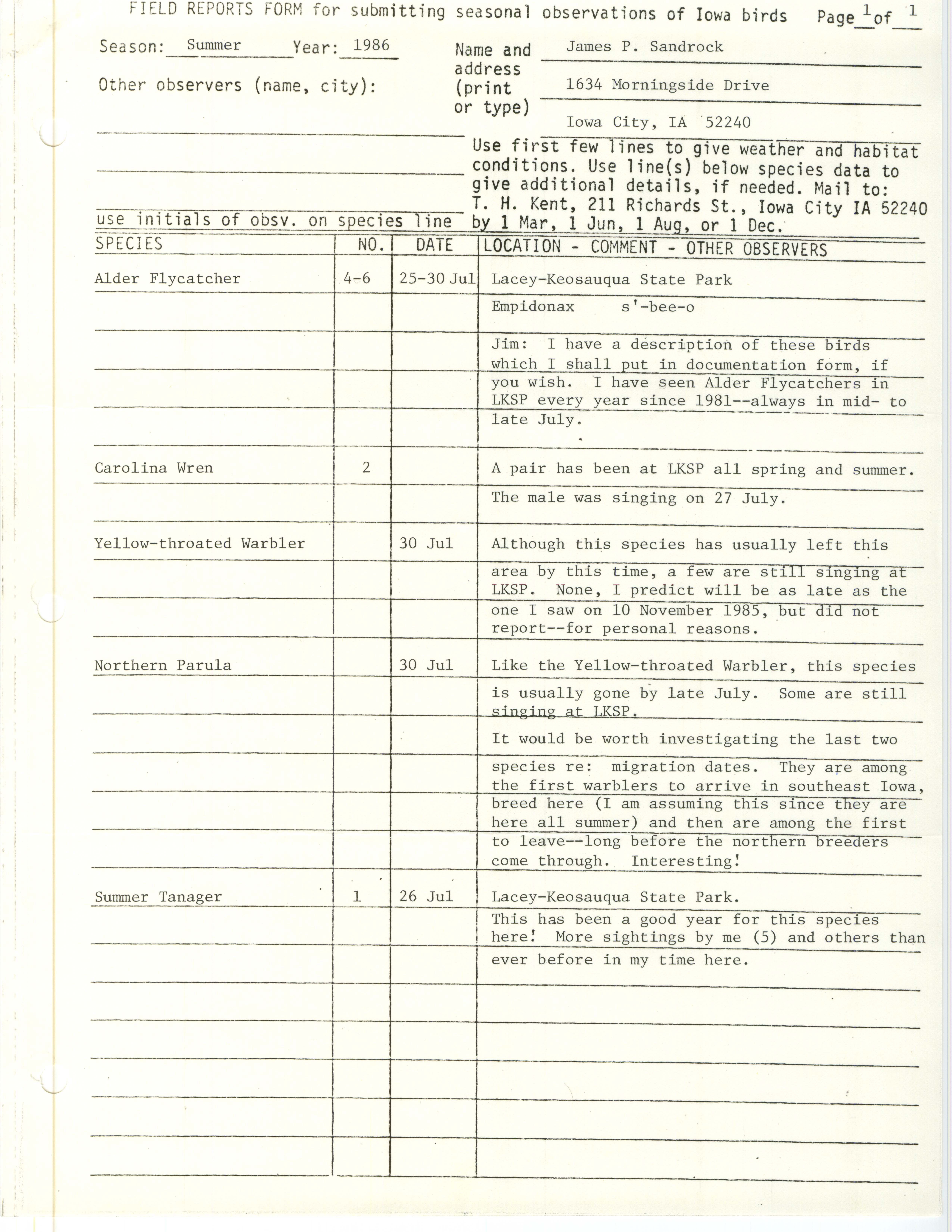 Field reports form for submitting seasonal observations of Iowa birds, James P. Sandrock, summer 1986
