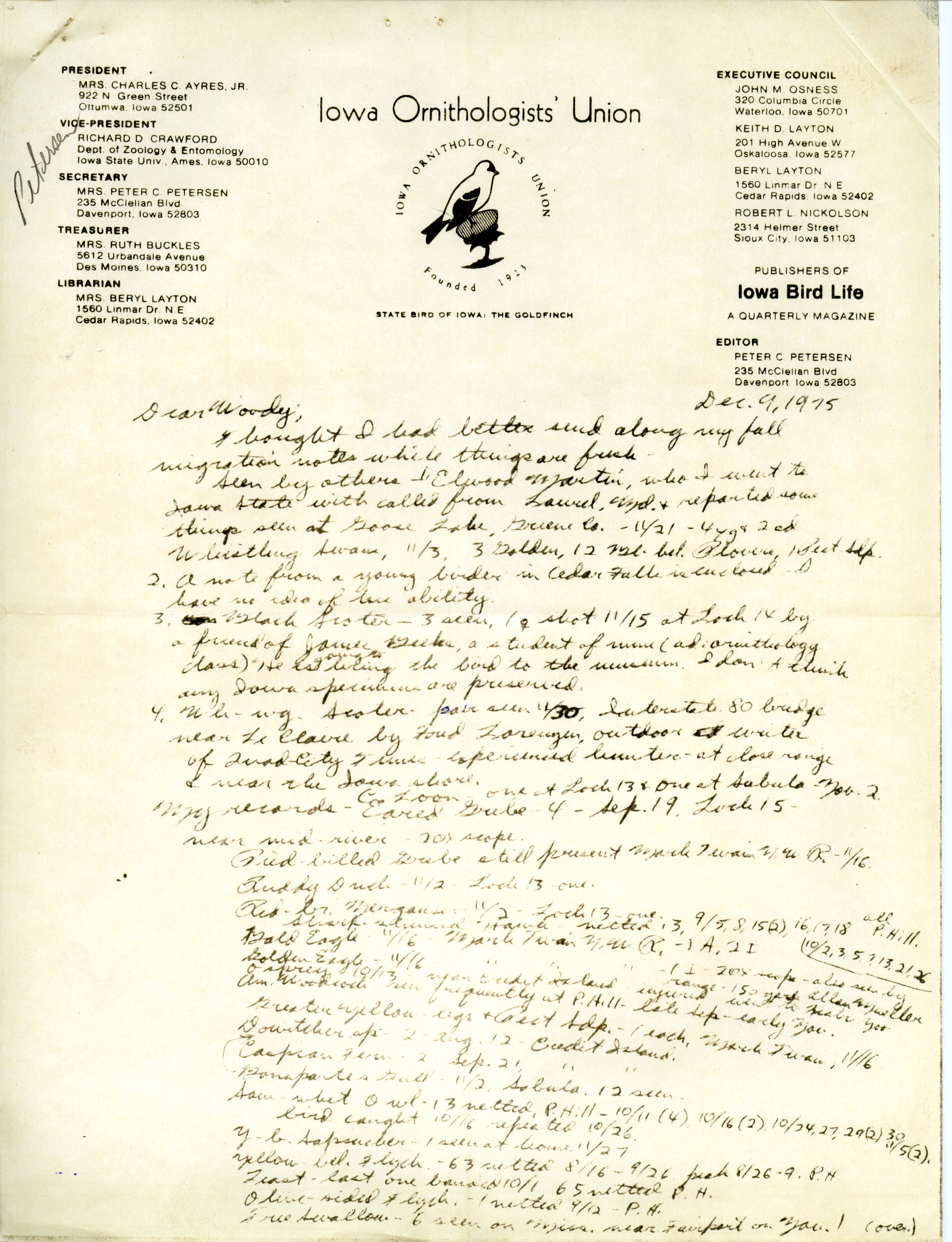 Peter C. Petersen letter to Woodward H. Brown, regarding fall migration 1975, December 9, 1975