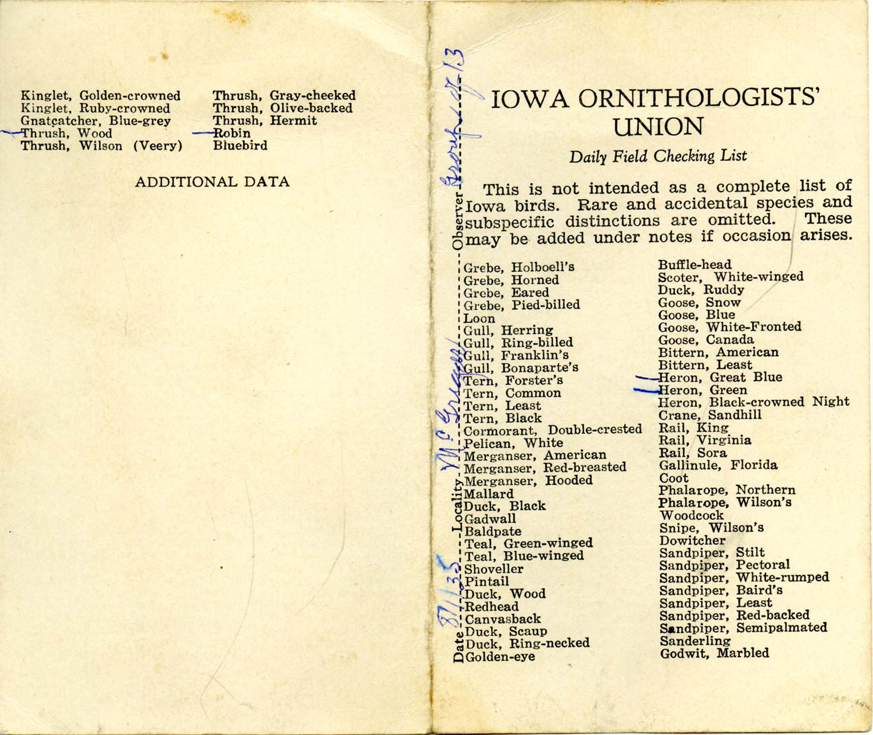 Daily field checking list, Walter Rosene, August 1, 1935