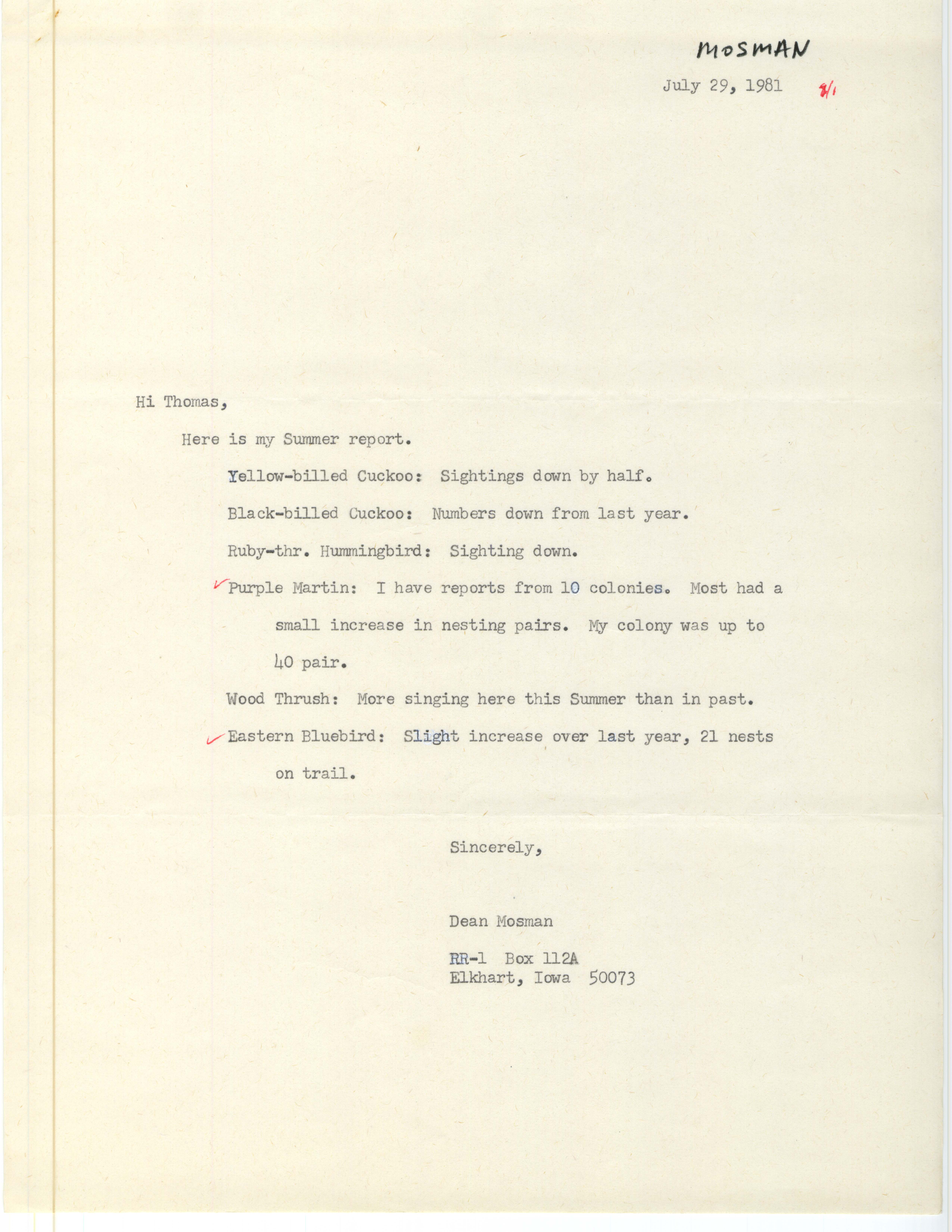 Dean Mosman letter to Thomas H. Kent regarding summer bird sightings, July 29, 1981