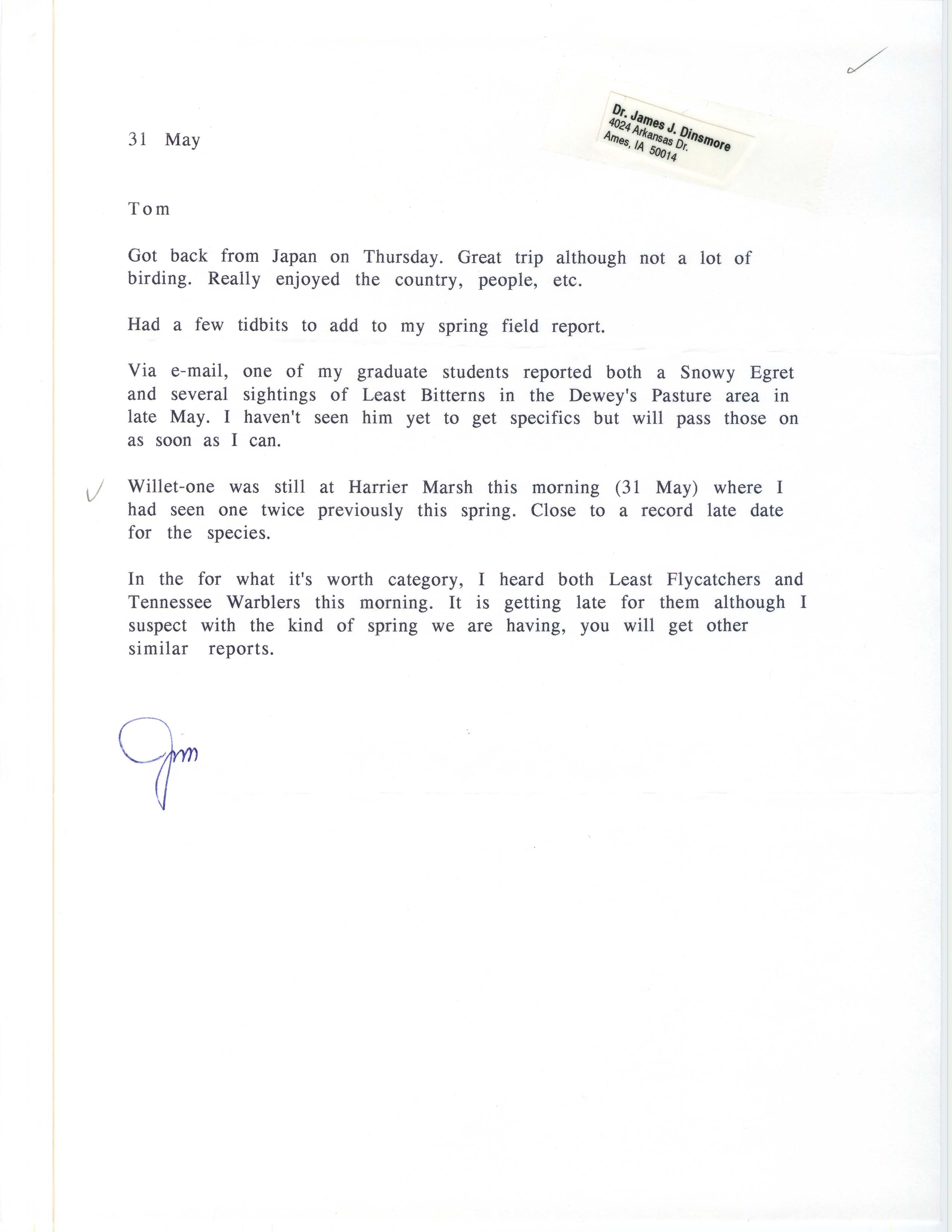James J. Dinsmore letter to Thomas H. Kent regarding bird sightings, May 31, 1997