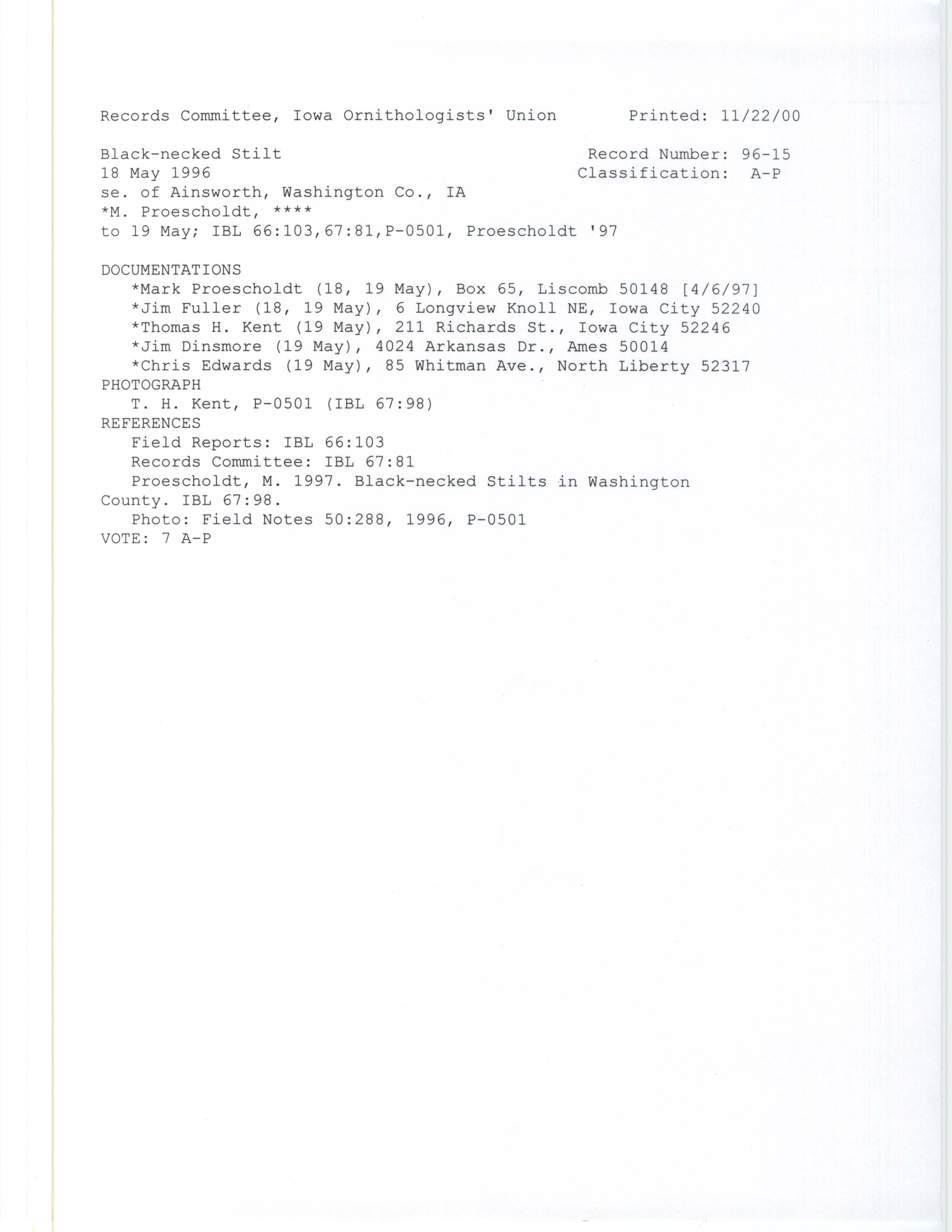 Records Committee review for rare bird sighting of Black-necked Stilt south of Ainsworth, 1996
