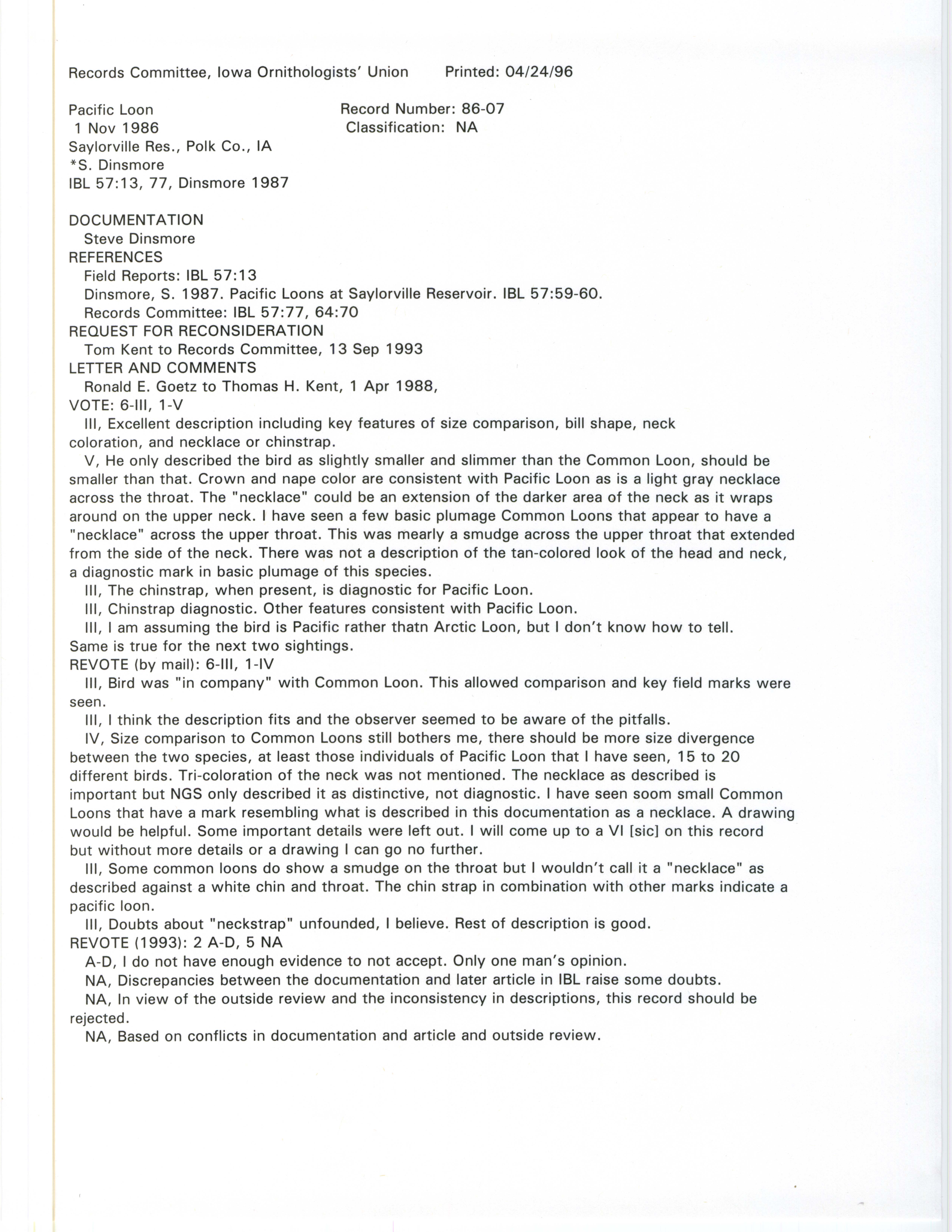 Records Committee review for rare bird sighting of Pacific Loon at Saylorville Reservoir, 1986