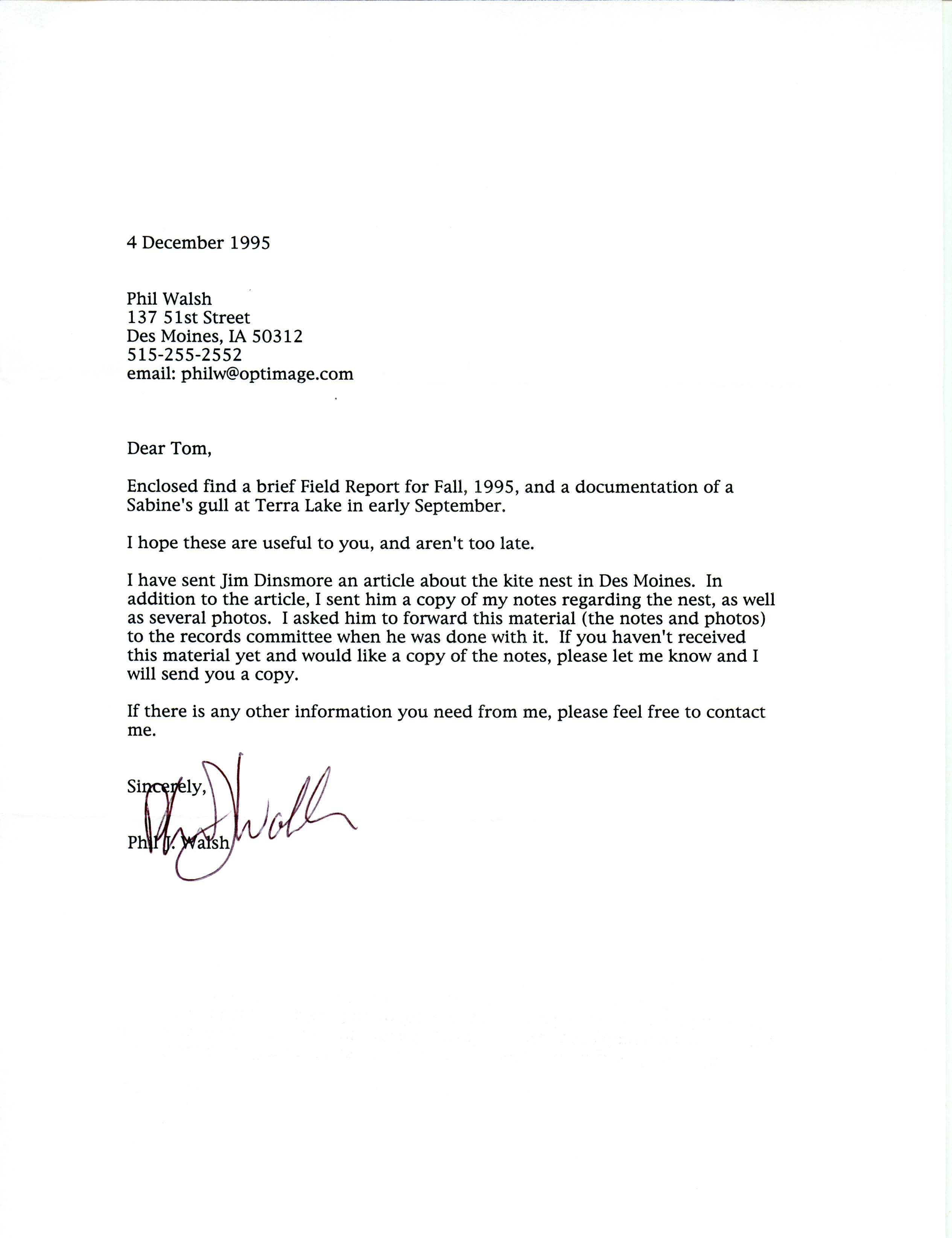 Philip J. Walsh letter to Thomas H. Kent regarding bird sightings, December 4, 1995