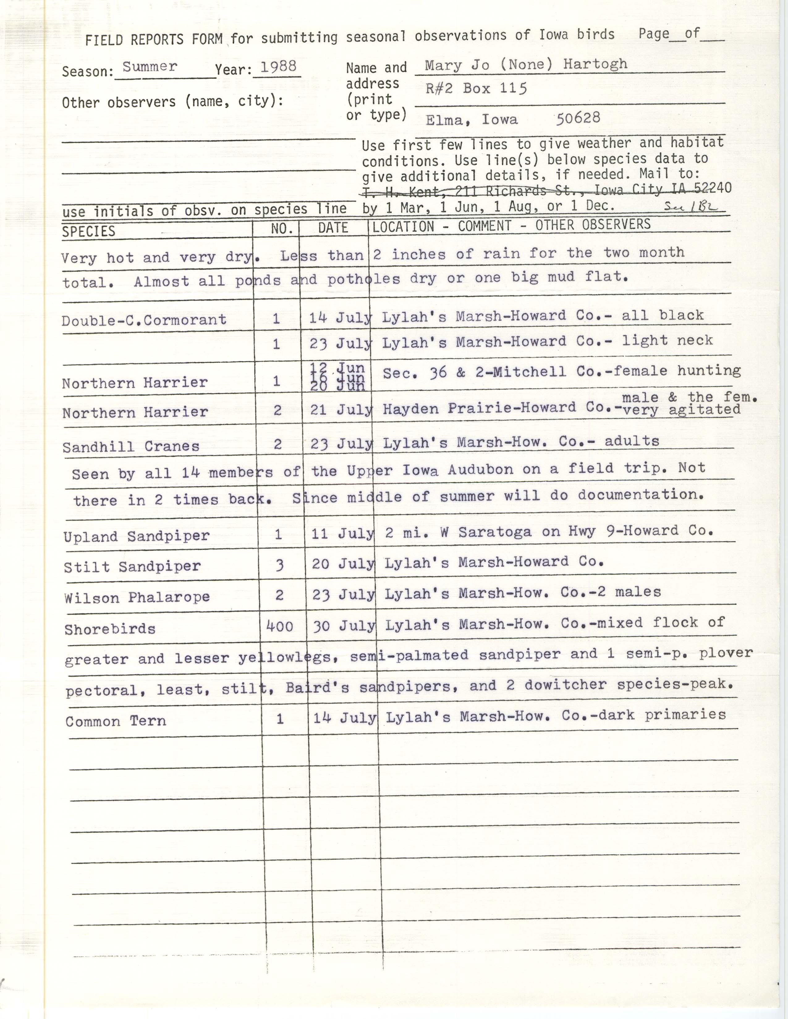 Field reports form for submitting seasonal observations of Iowa birds, Mary Jo Hartogh, summer 1988