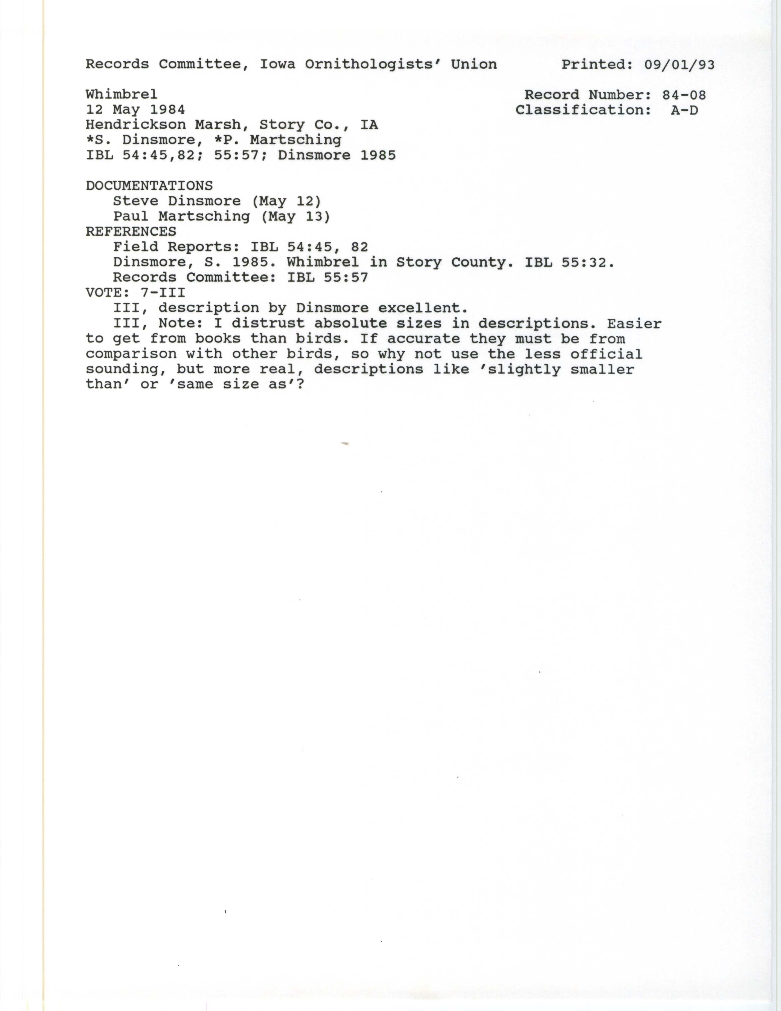 Records Committee review for rare bird sighting of Whimbrel at Hendrickson Marsh, 1984