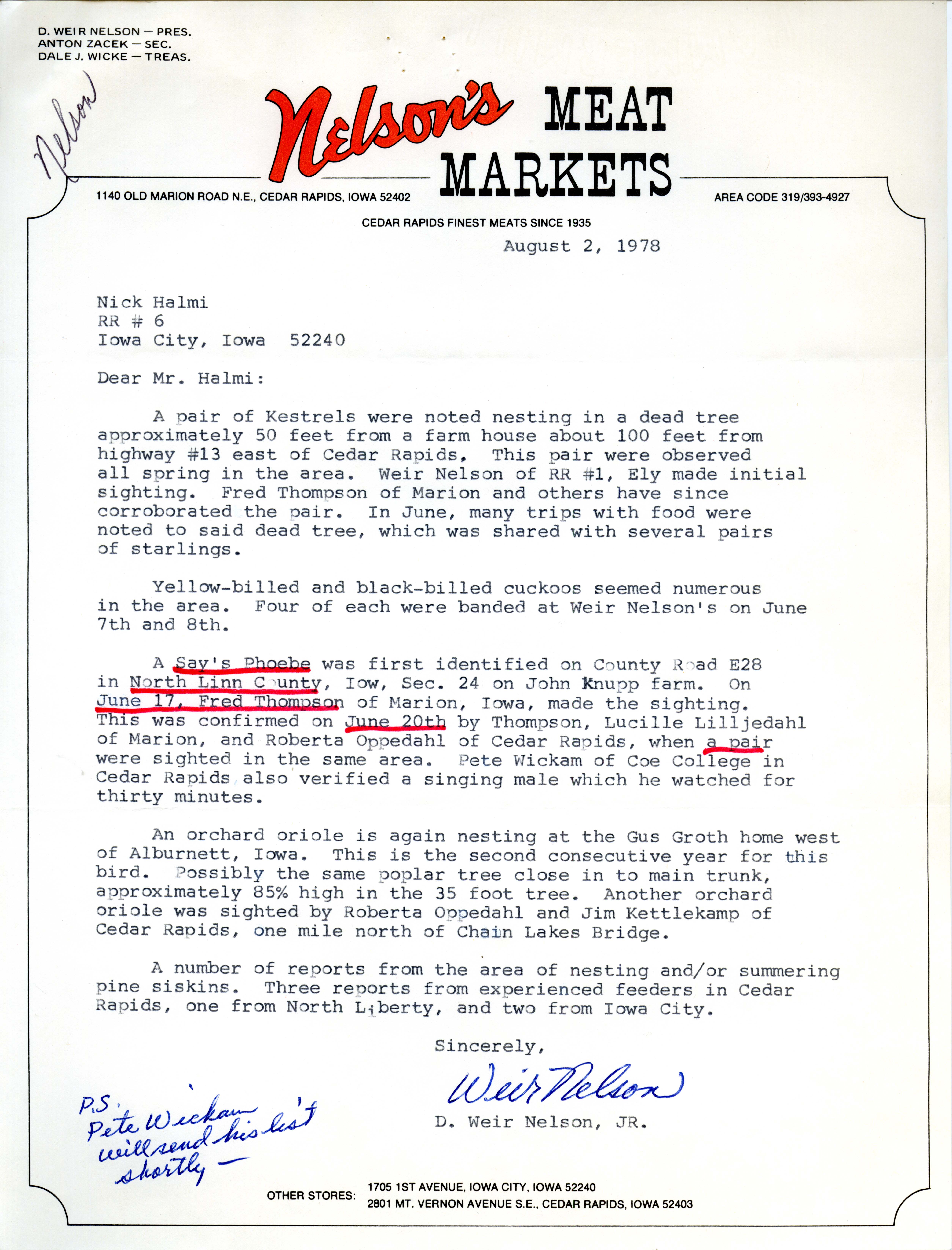 Weir Nelson letter to Nicholas S. Halmi regarding bird sightings, August 2, 1978