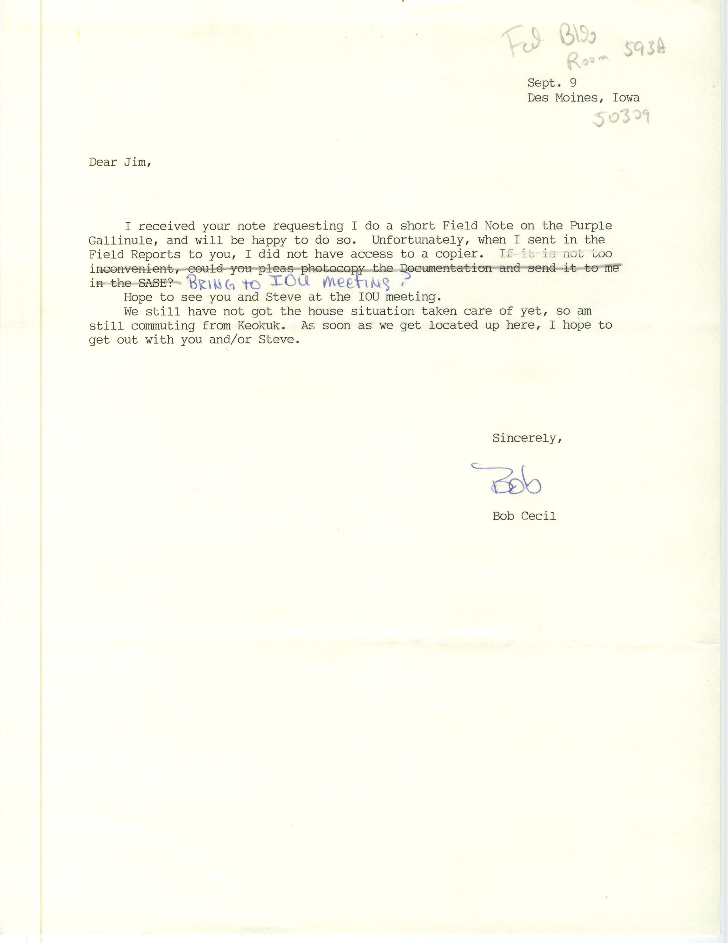Robert I. Cecil letter to James J. Dinsmore regarding a report on the Purple Gallinule, September 9, 1988