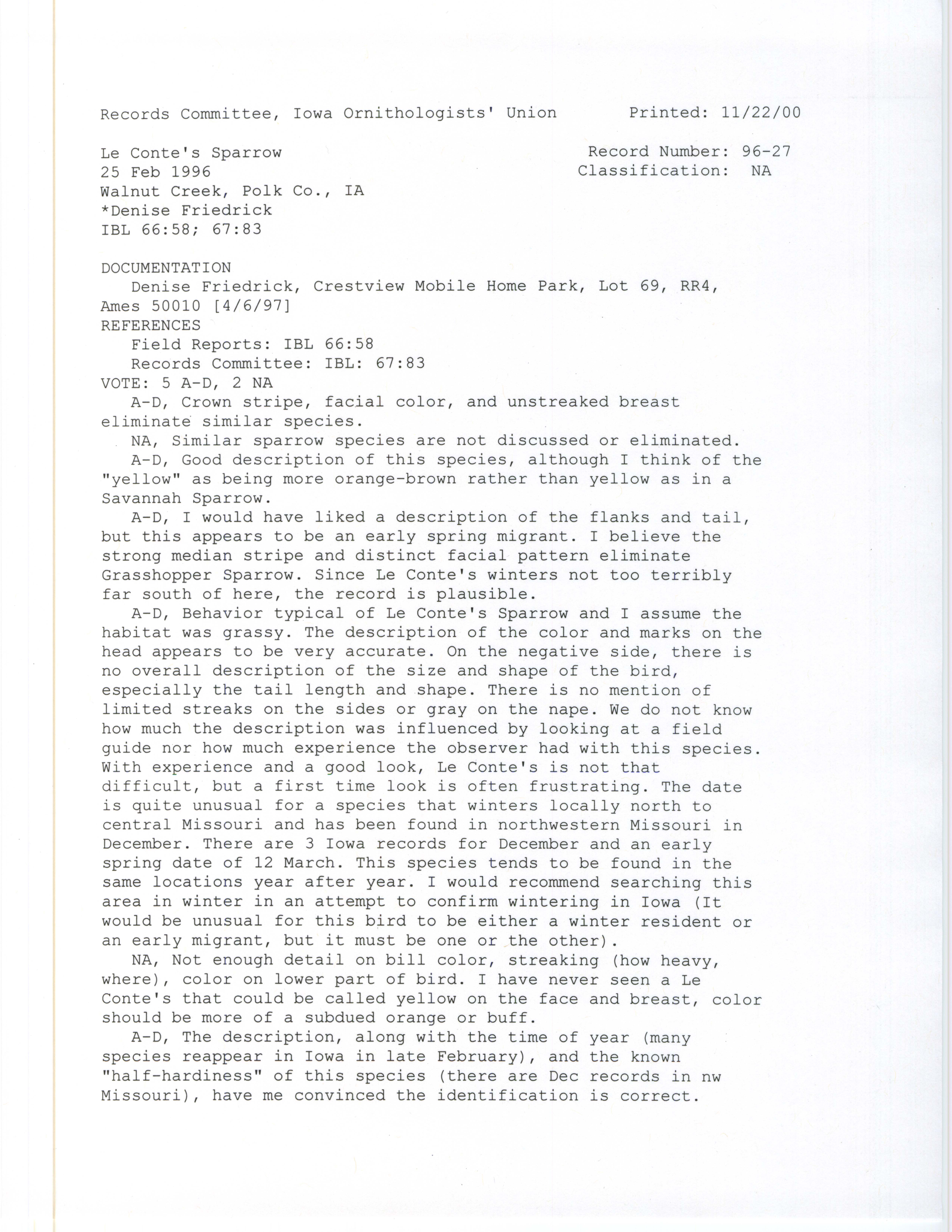 Records Committee review for rare bird sighting for Le Conte's Sparrow at Walnut Creek National Wildlife Refuge, 1996