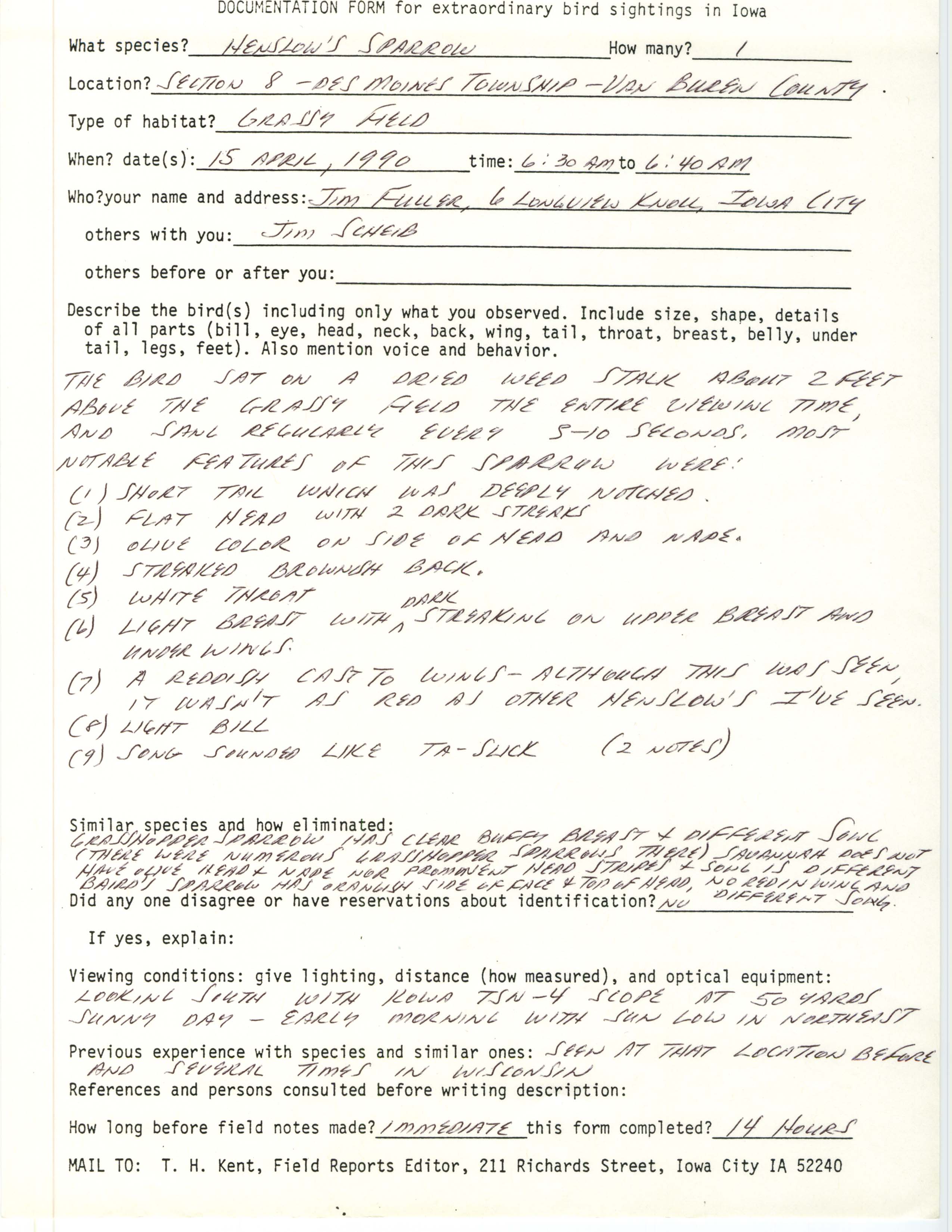 Rare bird documentation form for Henslow's Sparrow at Des Moines Township in Van Buren County, 1990