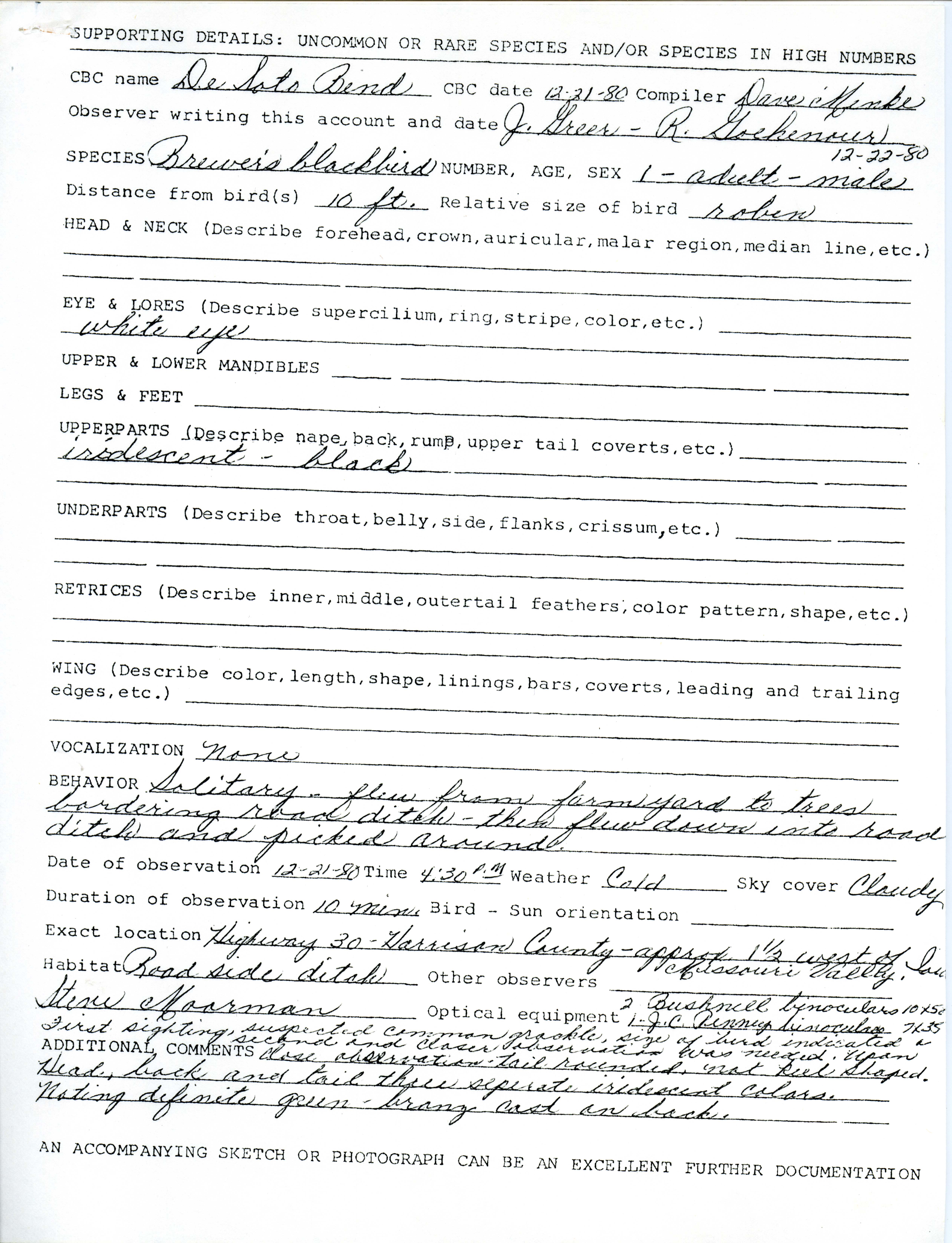 Supporting details form for Brewer's Blackbird sighting submitted by Janet G. Greer, December 21 1980