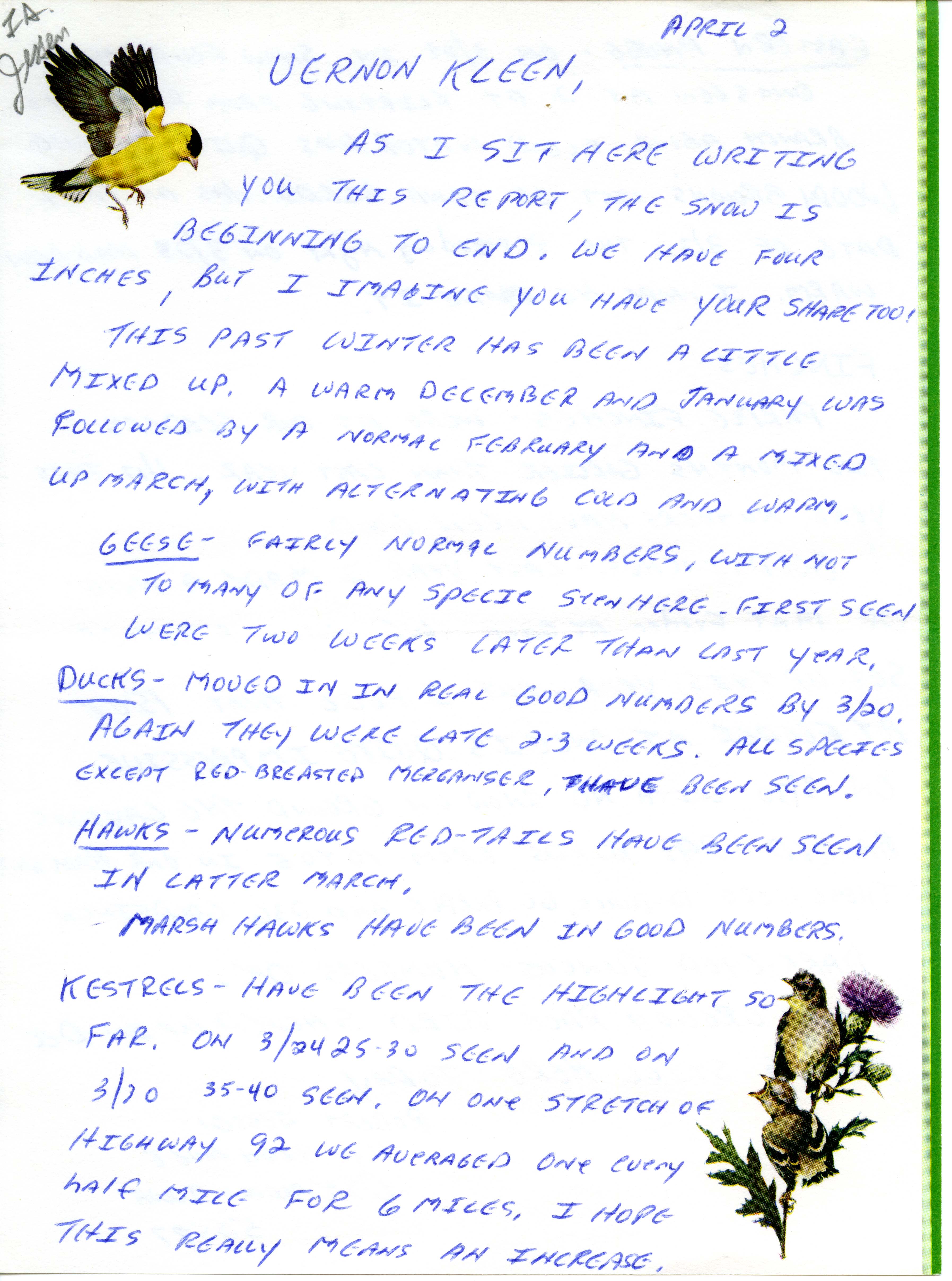 Robert Jessen letter and checklist to Vernon M. Kleen regarding winter birds sighted in Mahaska County, April 2, 1975