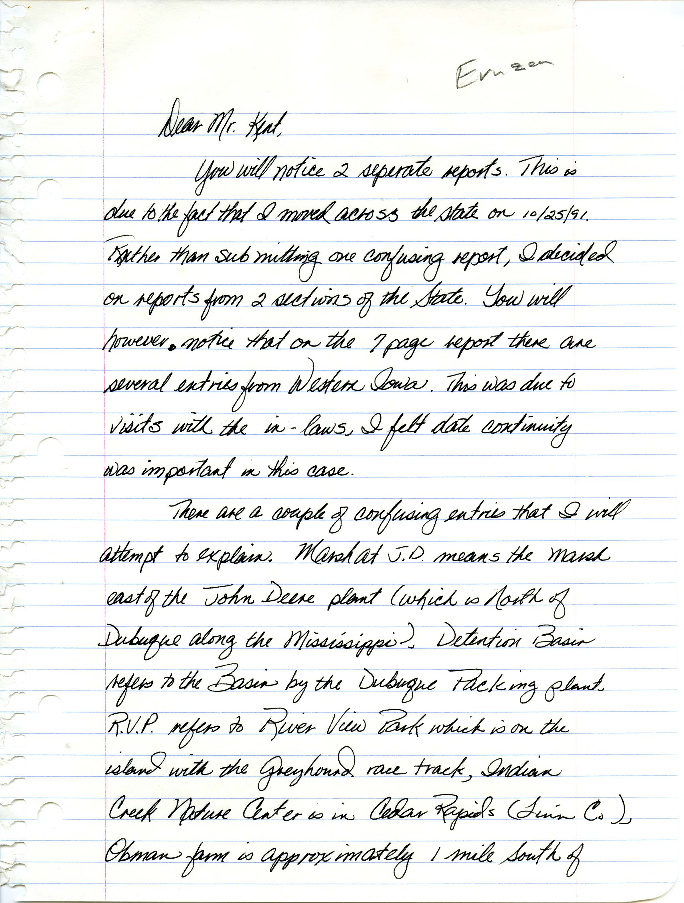 Field notes and Peter Ernzen letter to Thomas H. Kent, fall 1991