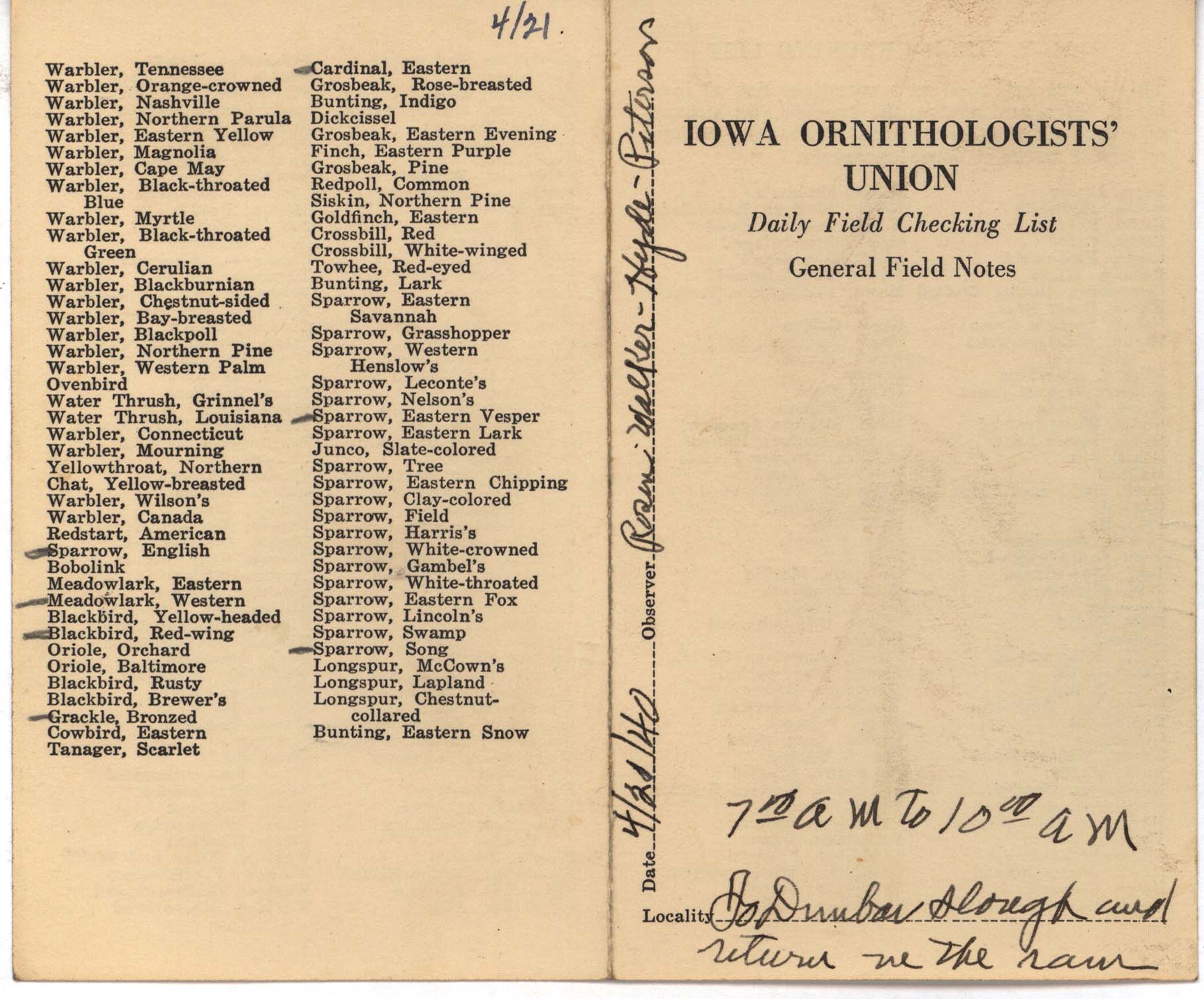 Daily field checking list by Walter Rosene, April 21, 1940