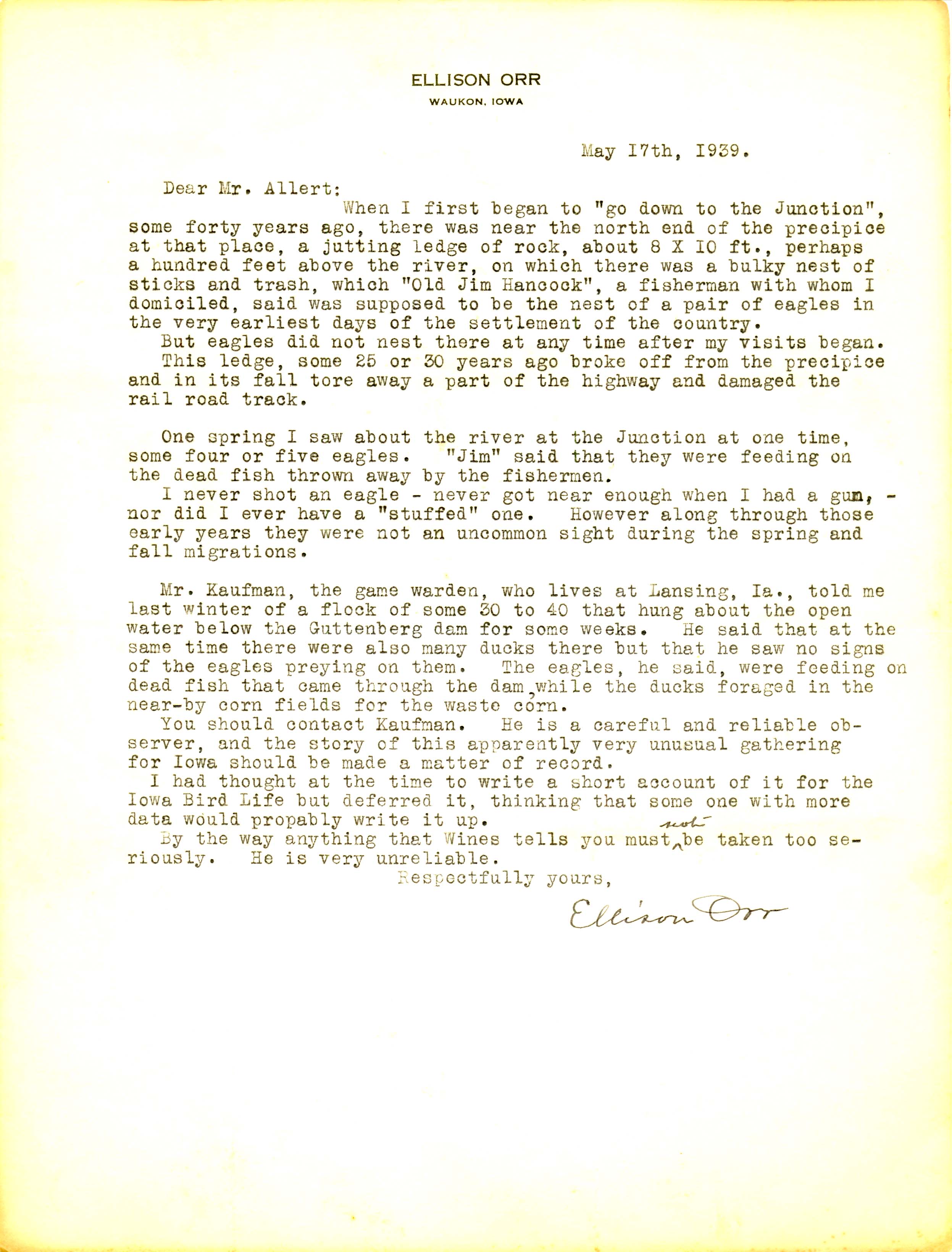 Ellison Orr letter to Oscar Allert regarding a Bald Eagle nest sight, May 17, 1939