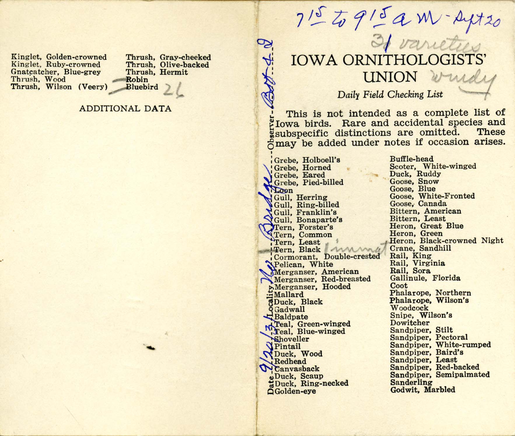 Daily field checking list, Walter Rosene, September 20, 1931