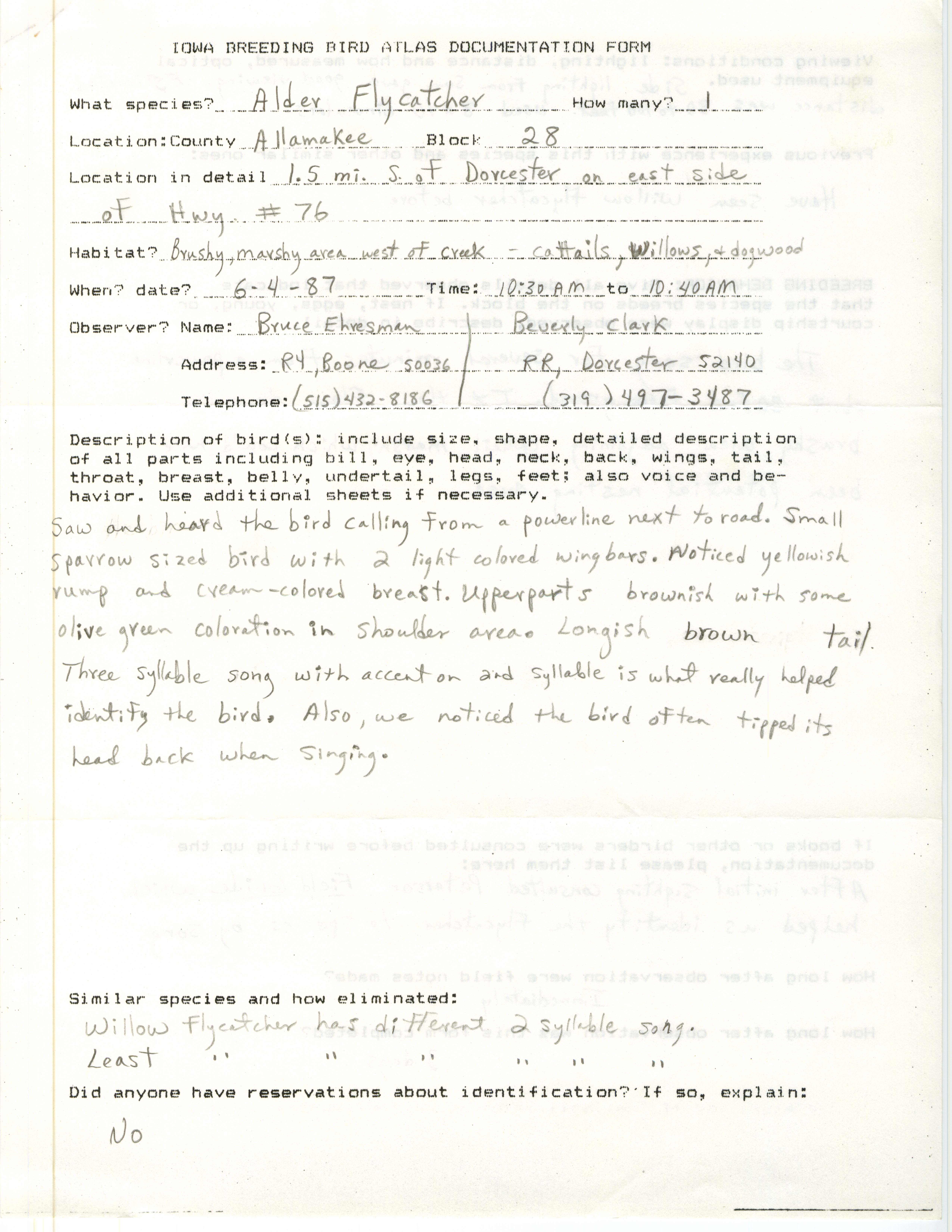 Iowa Breeding Bird Atlas documentation form, Bruce Ehresman and Beverly Clark, June 4, 1987