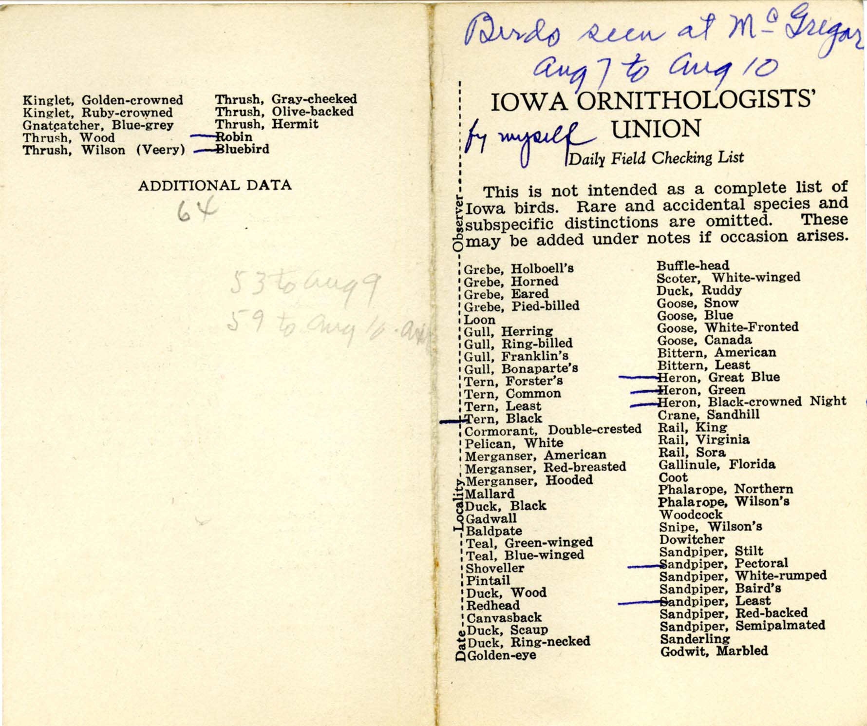 Daily field checking list, Walter Rosene, August 7-10, 1933