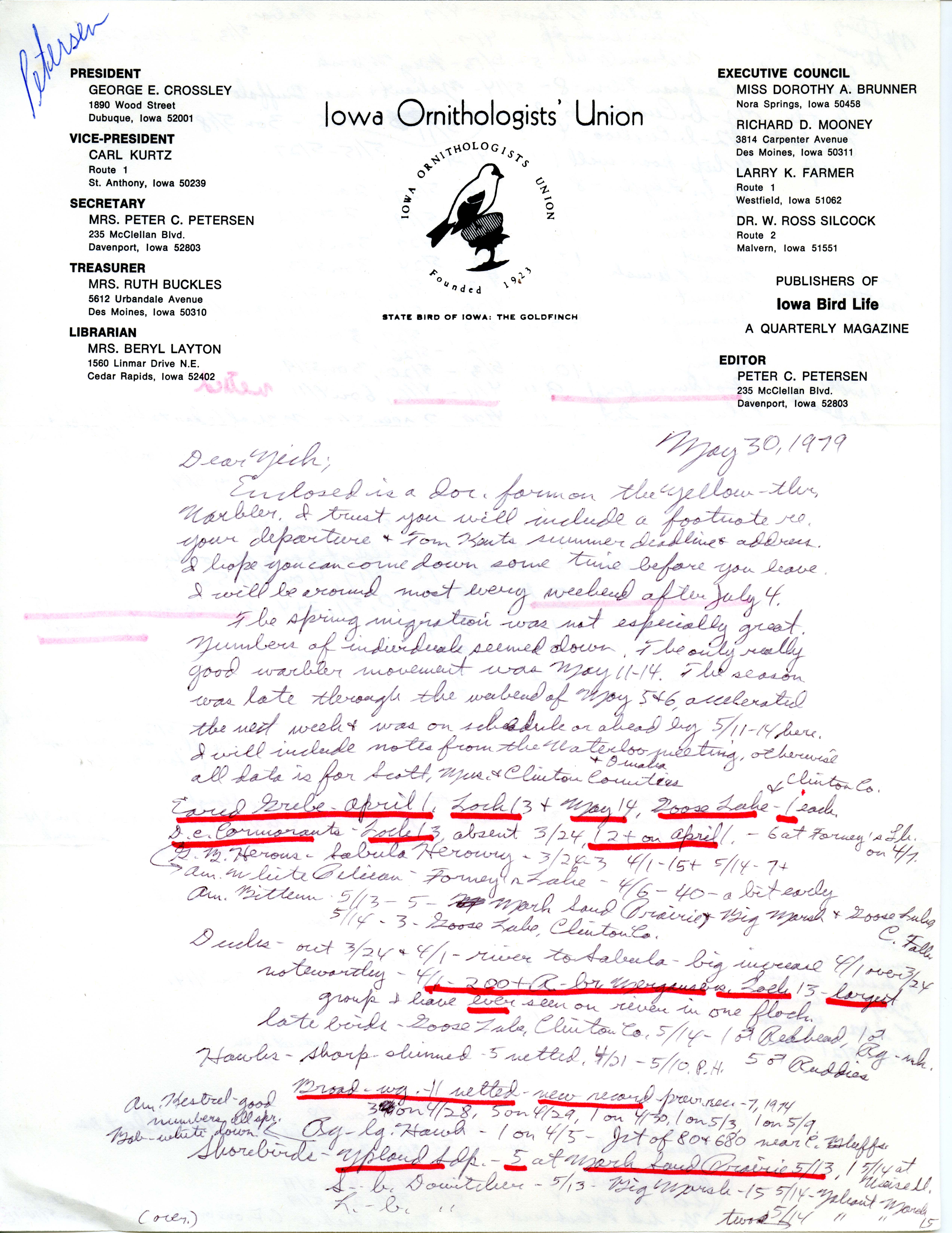 Peter C. Petersen letter to Nicholas S. Halmi regarding spring bird sightings, May 30, 1979