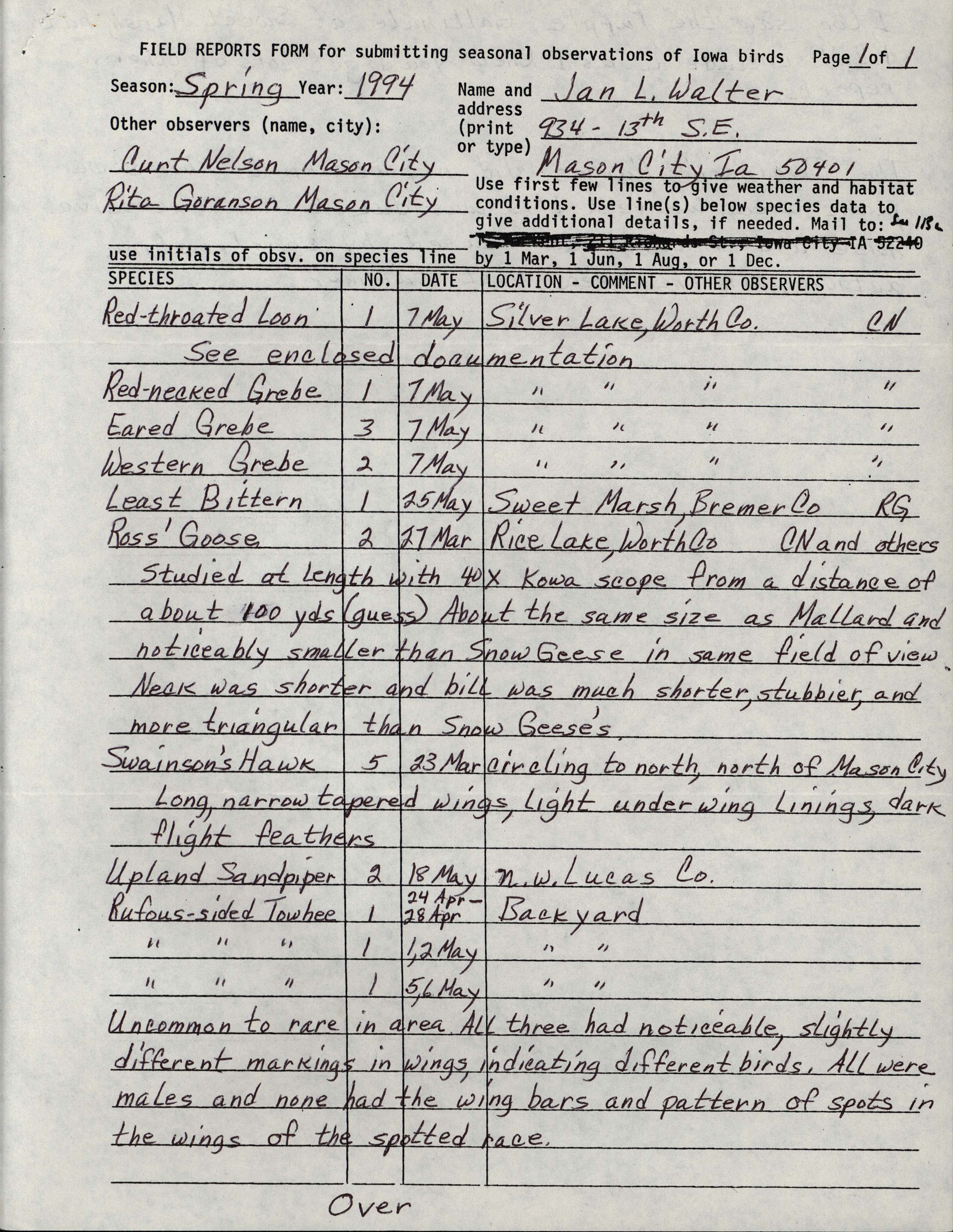 Field reports form for submitting seasonal observations of Iowa birds, Jan Walter, Spring 1994
