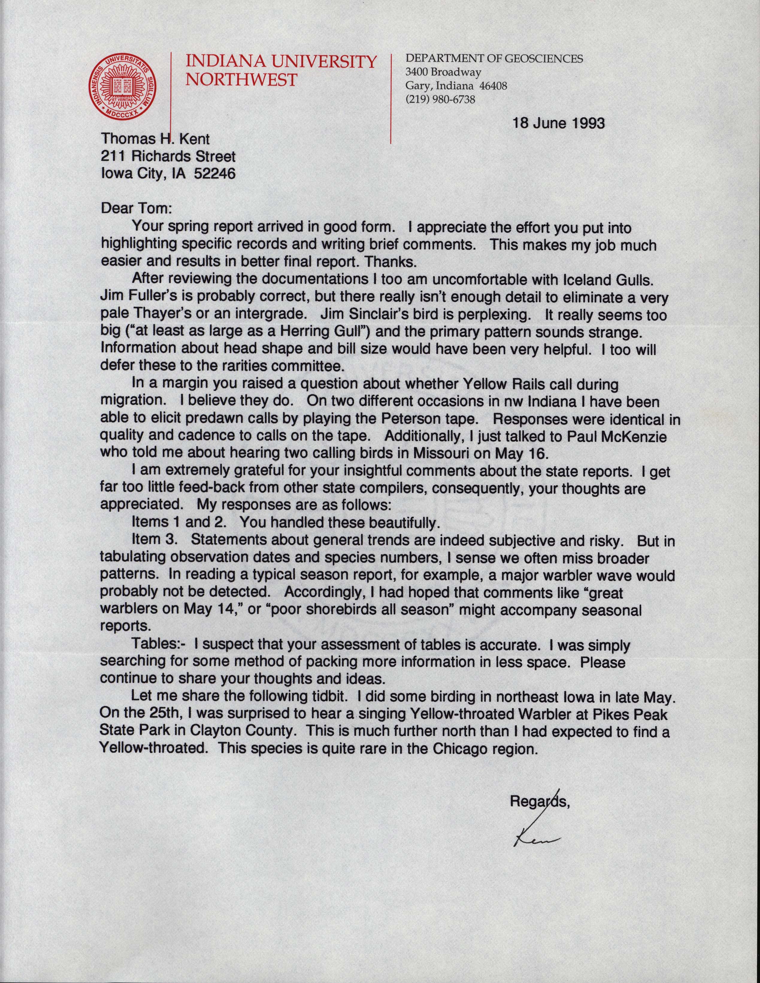 Kenneth Brock letter to Thomas Kent regarding Iowa bird documentation, June 18, 1993
