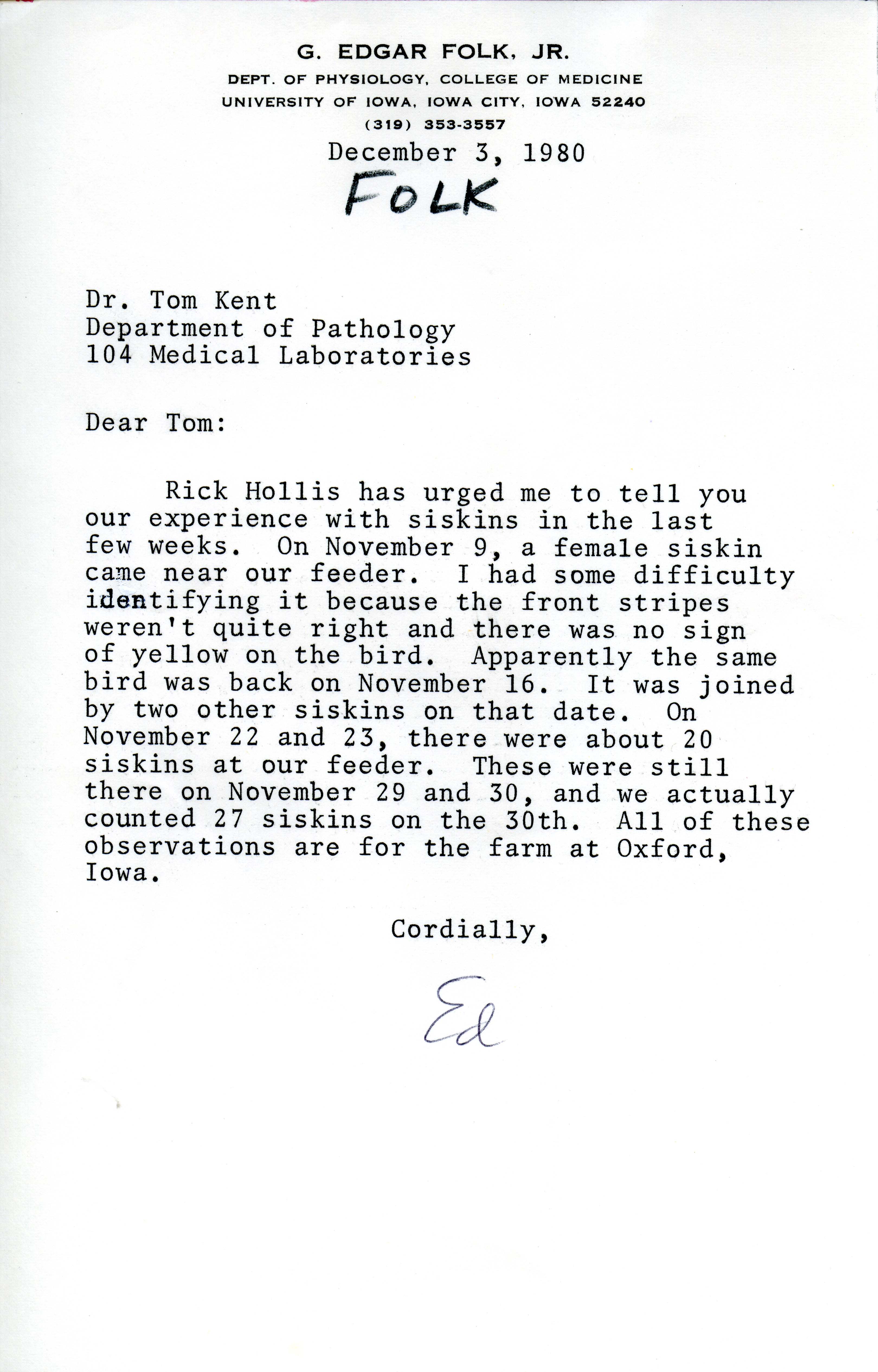 G. Edgar Folk, Jr. letter to Thomas Kent regarding Siskin sightings, December 3, 1980