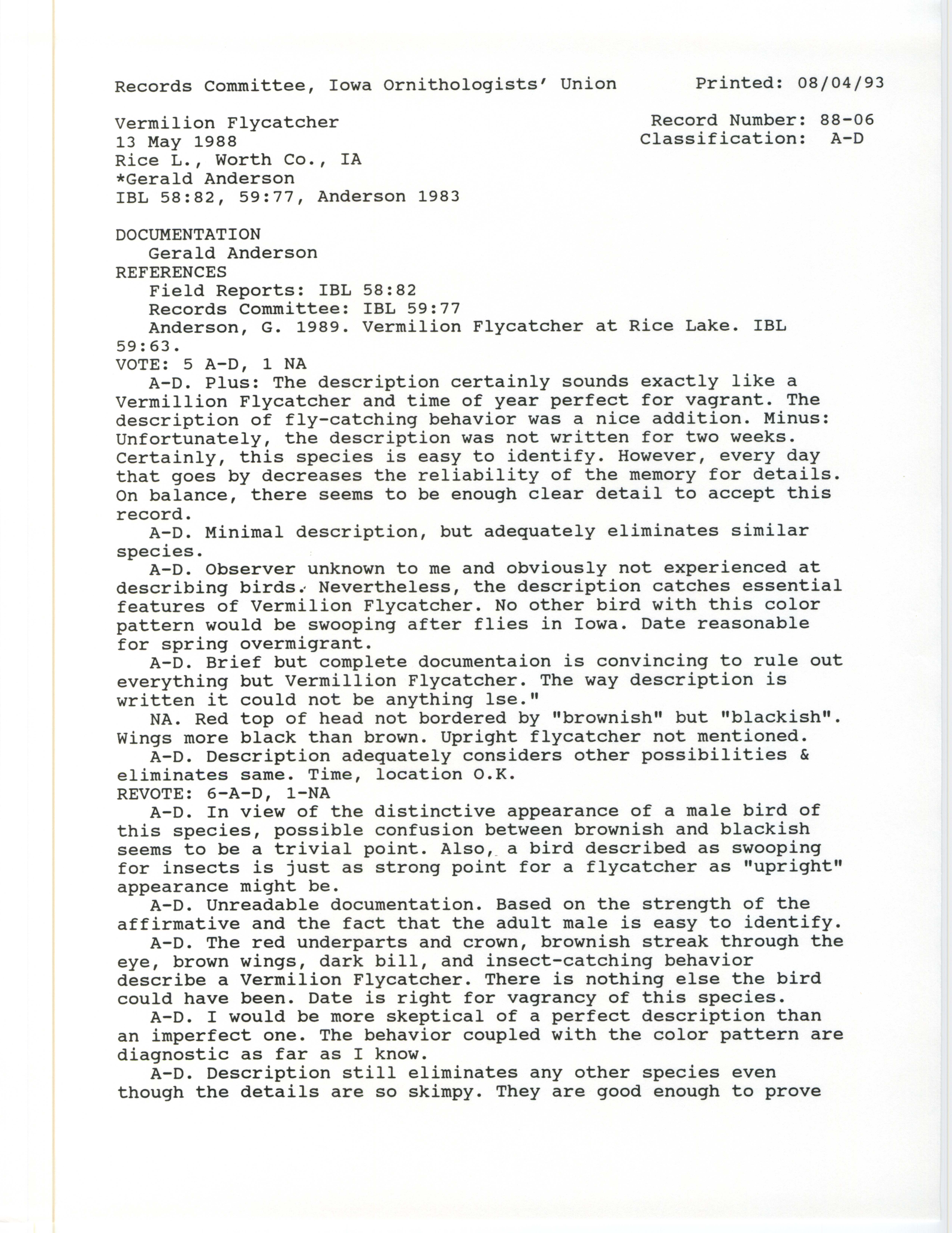 Records Committee review for rare bird sighting for Vermilion Flycatcher at Rice Lake, 1988