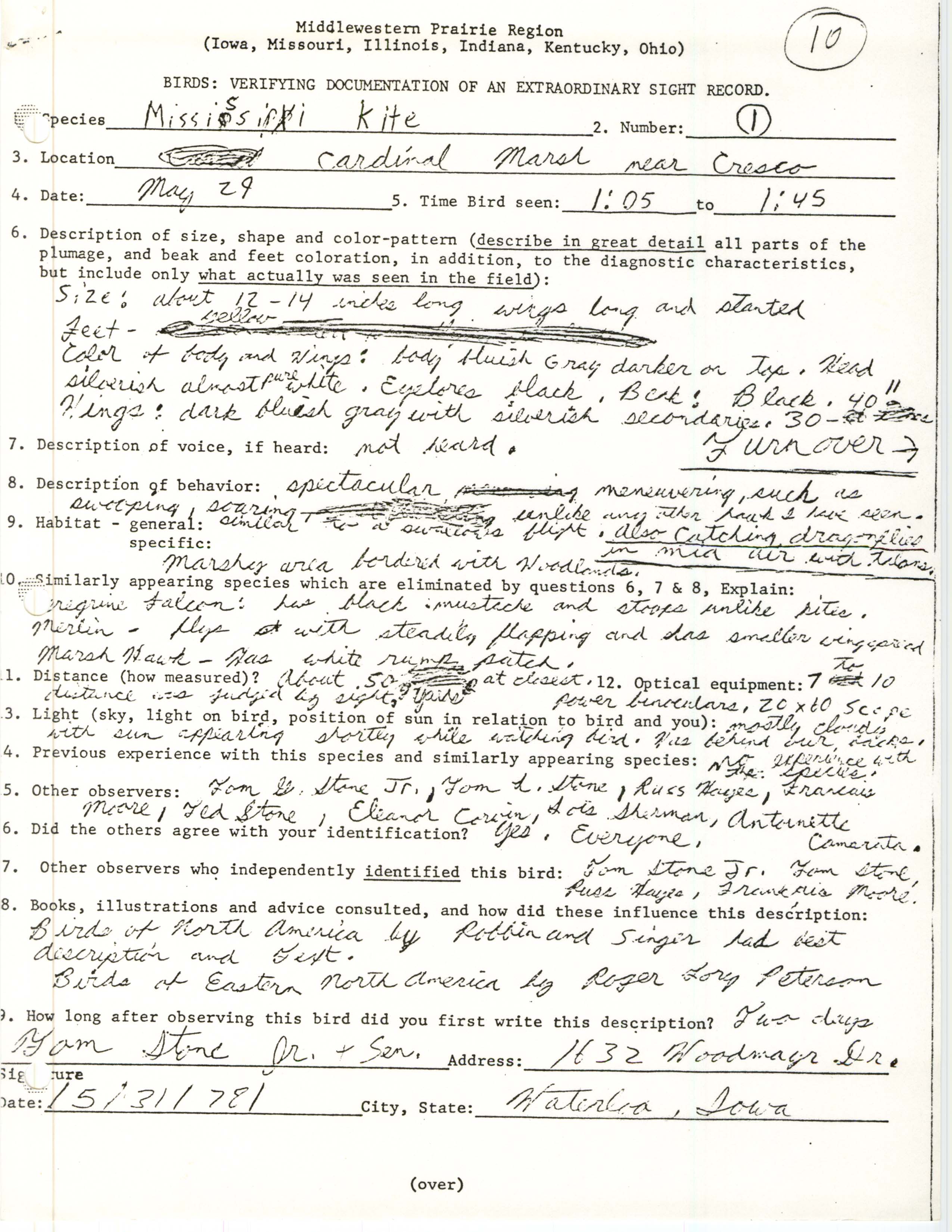 Rare bird documentation form for Mississippi Kite at Cardinal Marsh, 1978