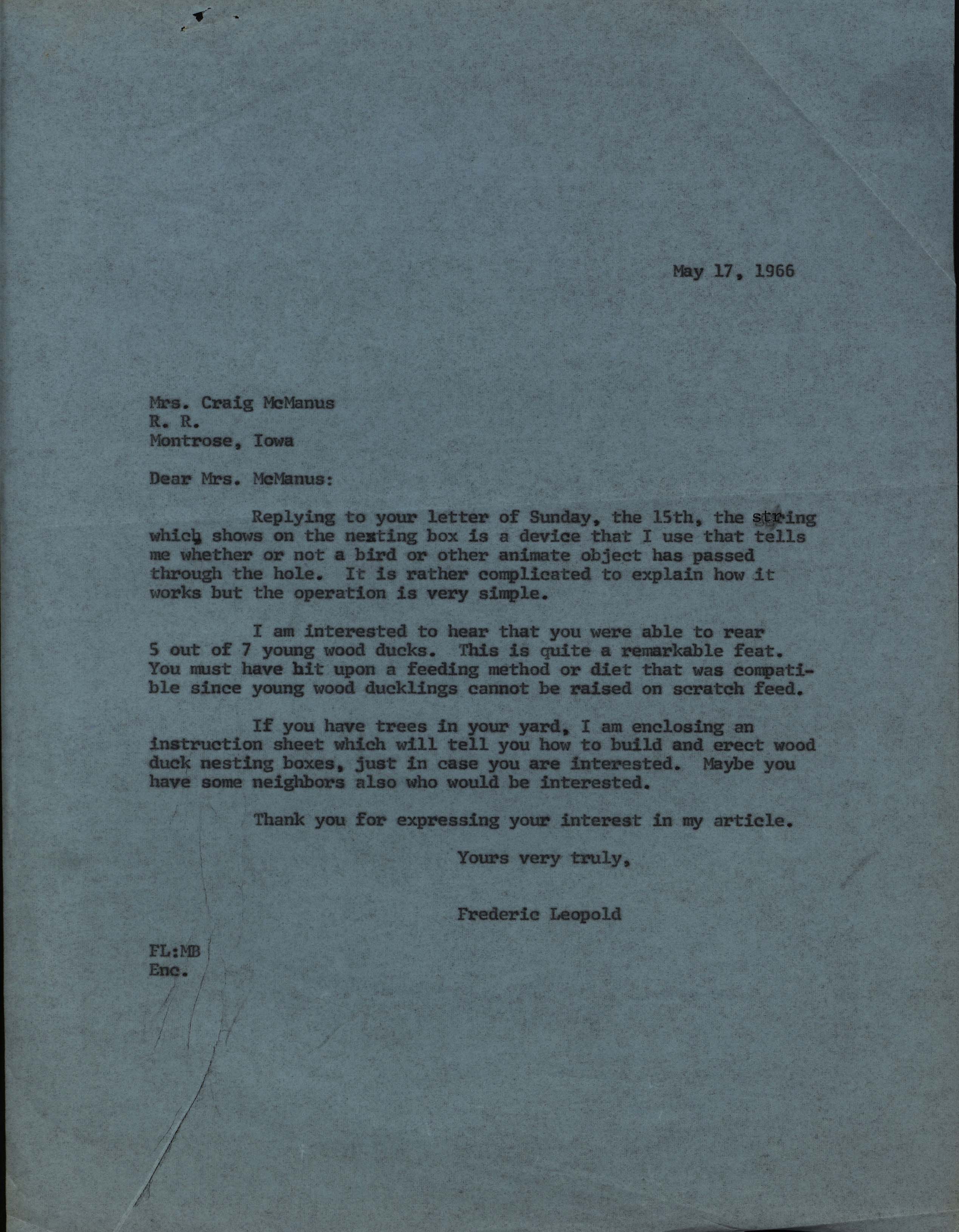 Frederic Leopold letter to Grace McManis regarding Wood Duck houses, May 17, 1966
