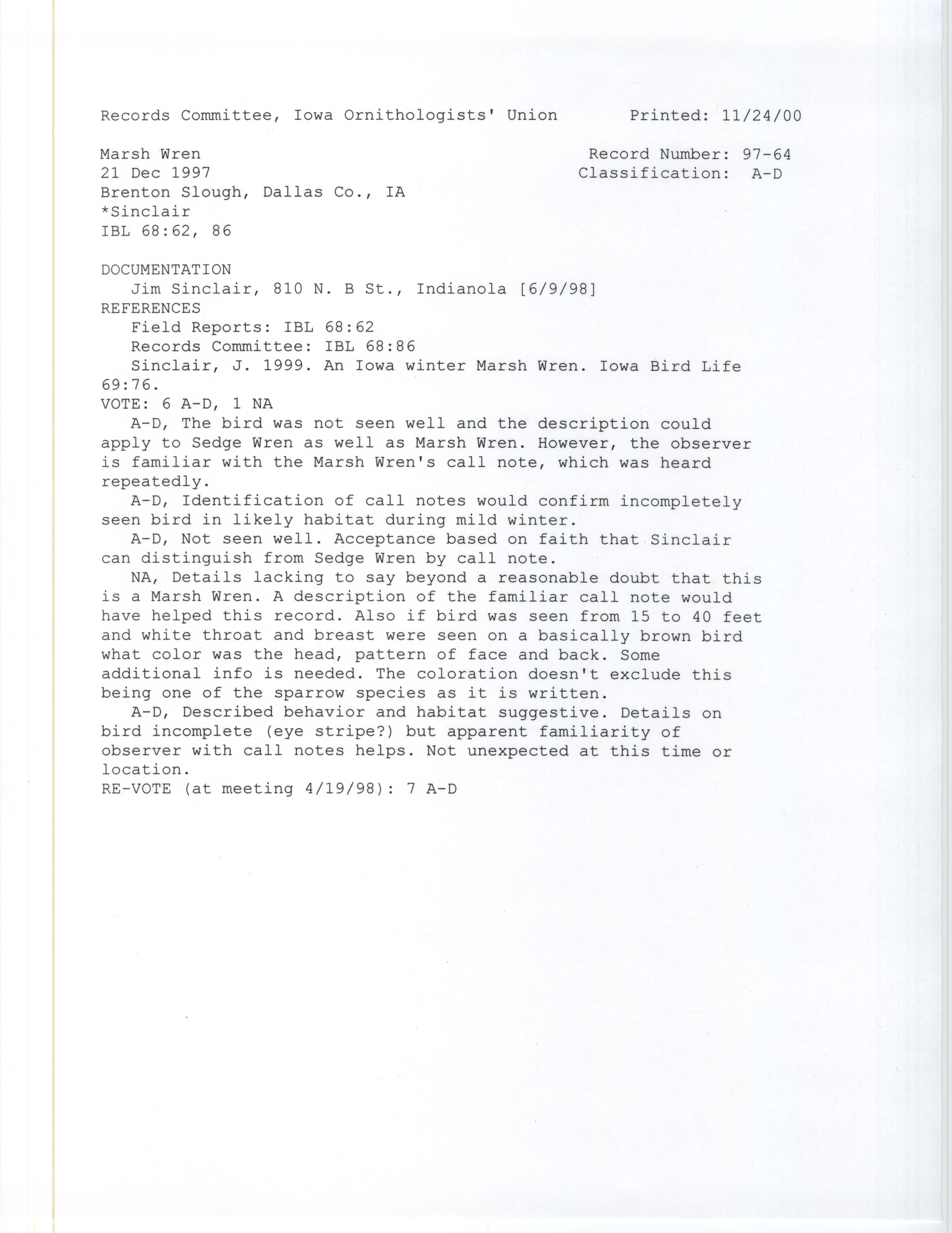 Records Committee review for rare bird sighting for Marsh Wren at Brenton Slough, 1997