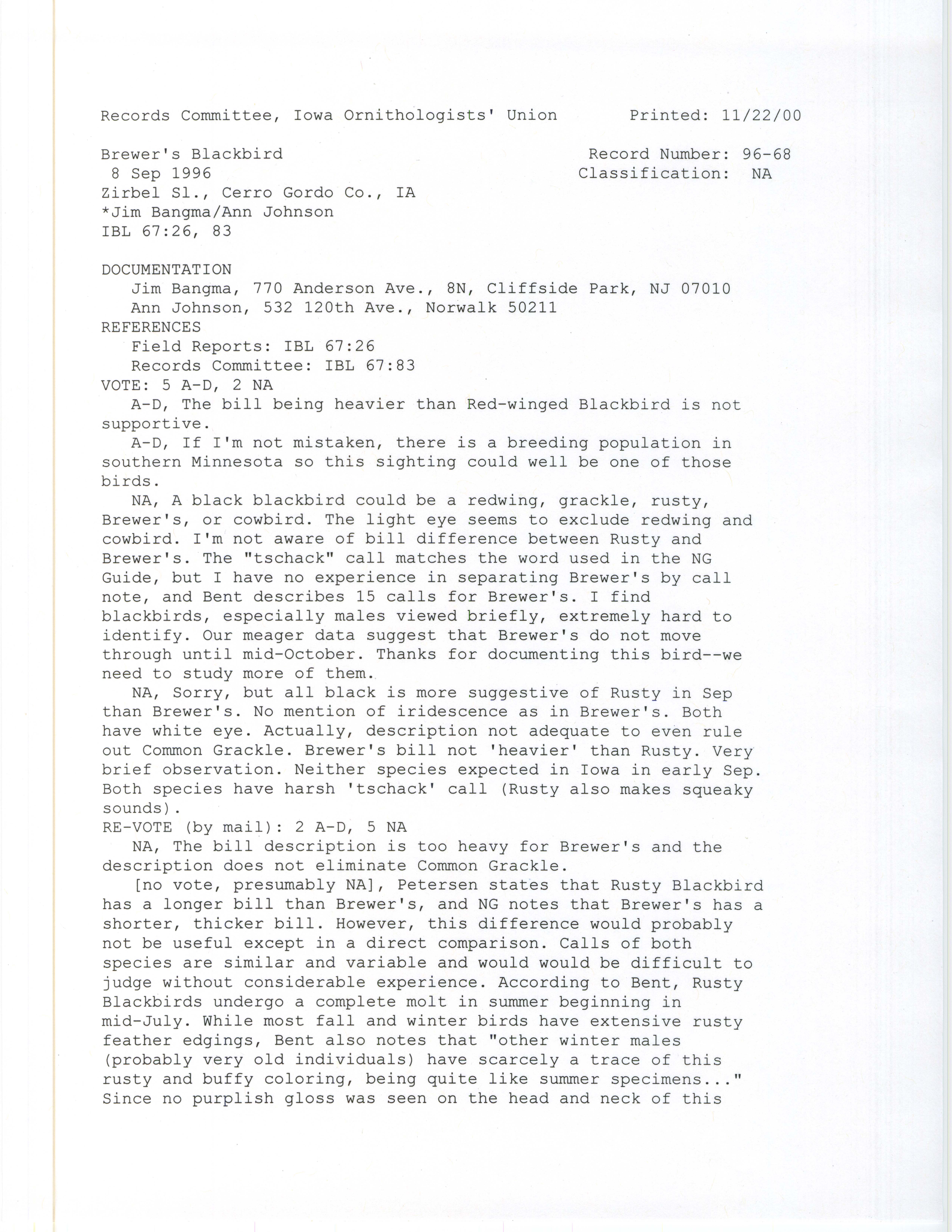 Records Committee review for rare bird sighting for Brewer's Blackbird at Zirbel Slough, 1996