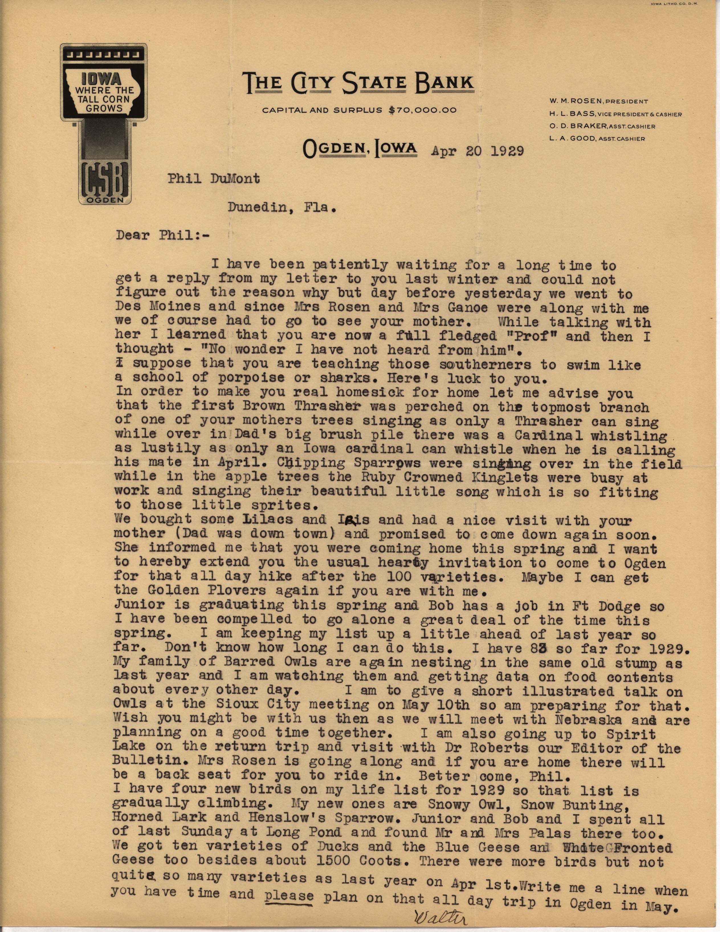 Walter Rosene letter to Philip DuMont regarding a visit with Janetta DuMont, April 20, 1929