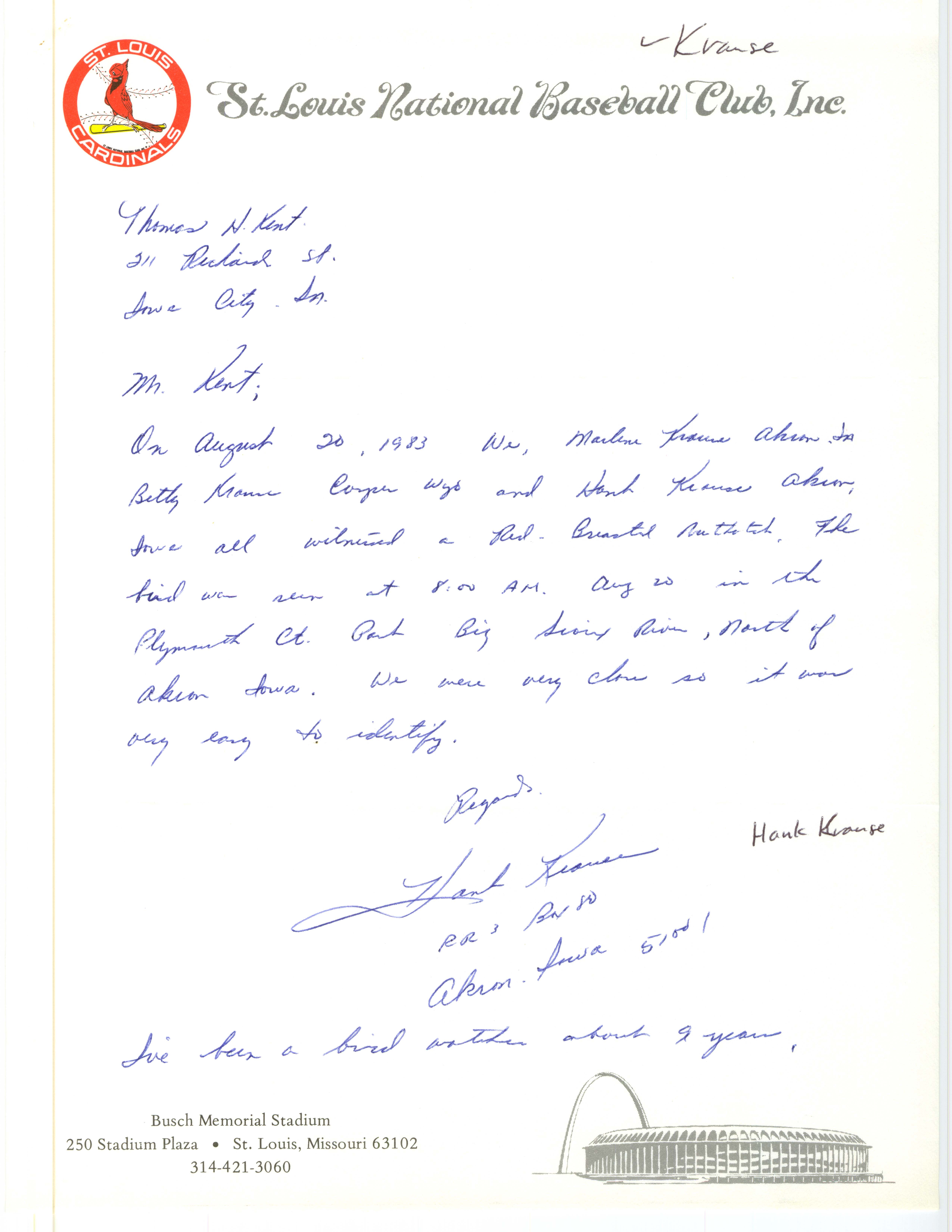 Hank Krause letter to Thomas Kent regarding a Red-breasted Nuthatch sighting, August 20, 1983