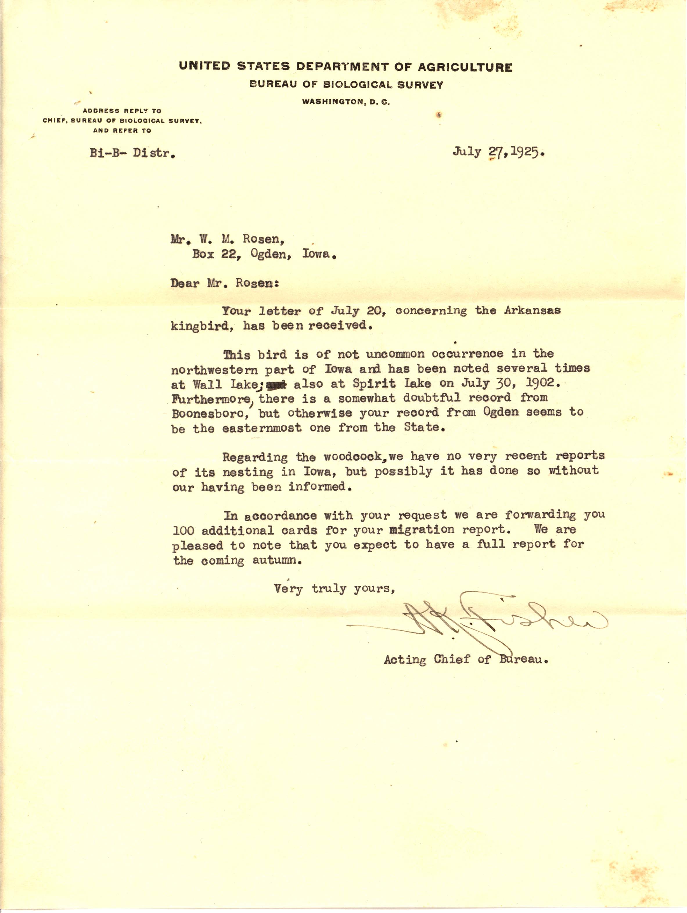 Albert K. Fisher letter to Walter Rosene regarding Arkansas Kingbird and American Woodcock records, July 27, 1925