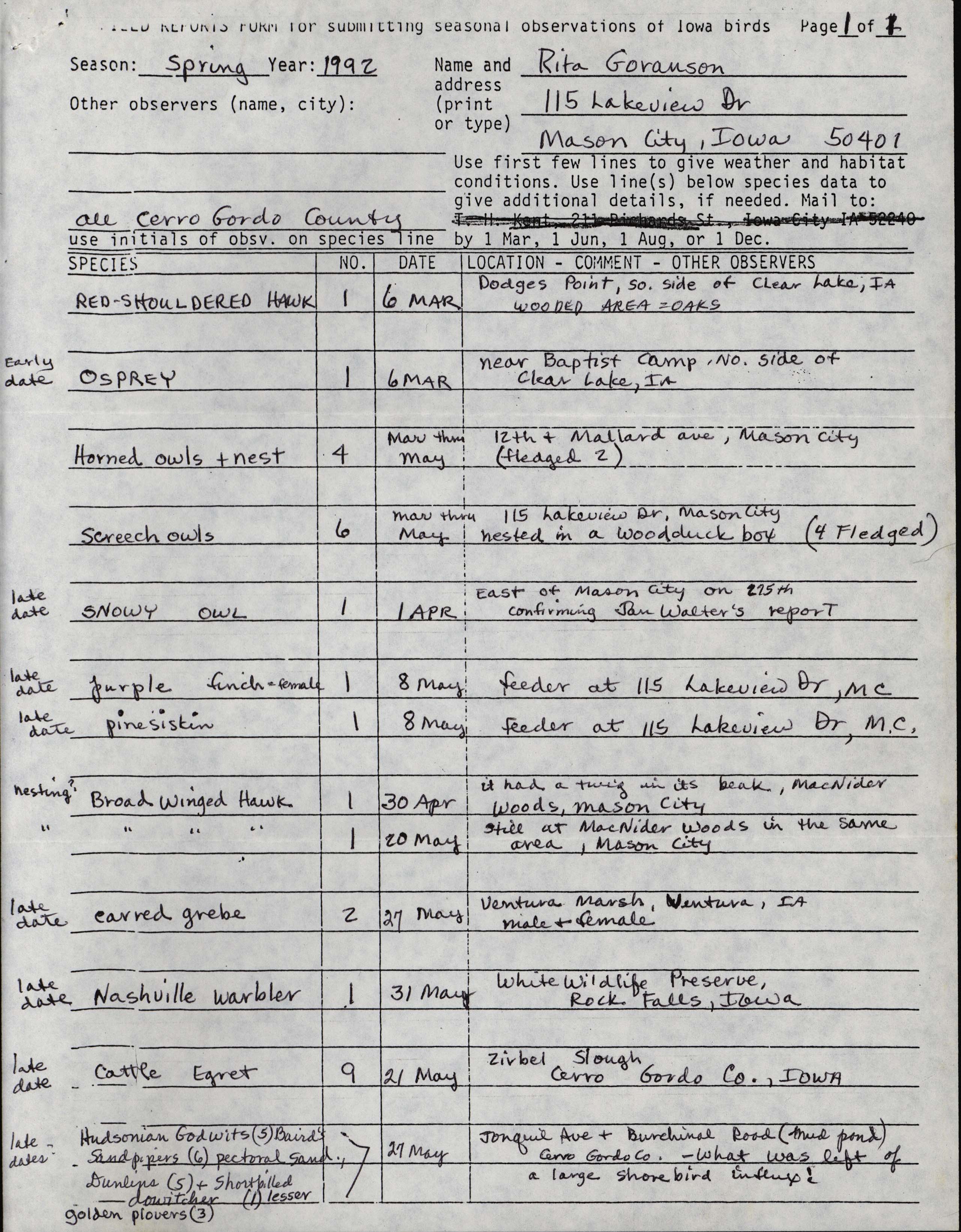 Field reports form for submitting seasonal observations of Iowa birds, Rita Goranson, spring 1992