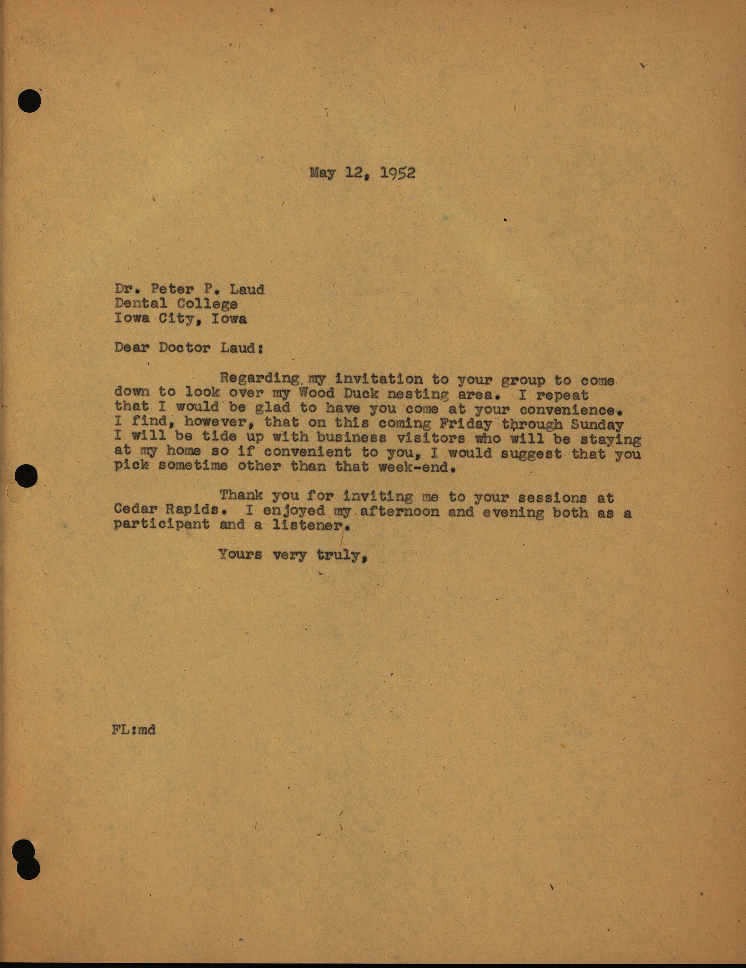 Frederic Leopold letter to Peter P. Laude regarding nesting Wood Ducks and the Iowa Ornithologists' Union annual convention, May 12, 1952