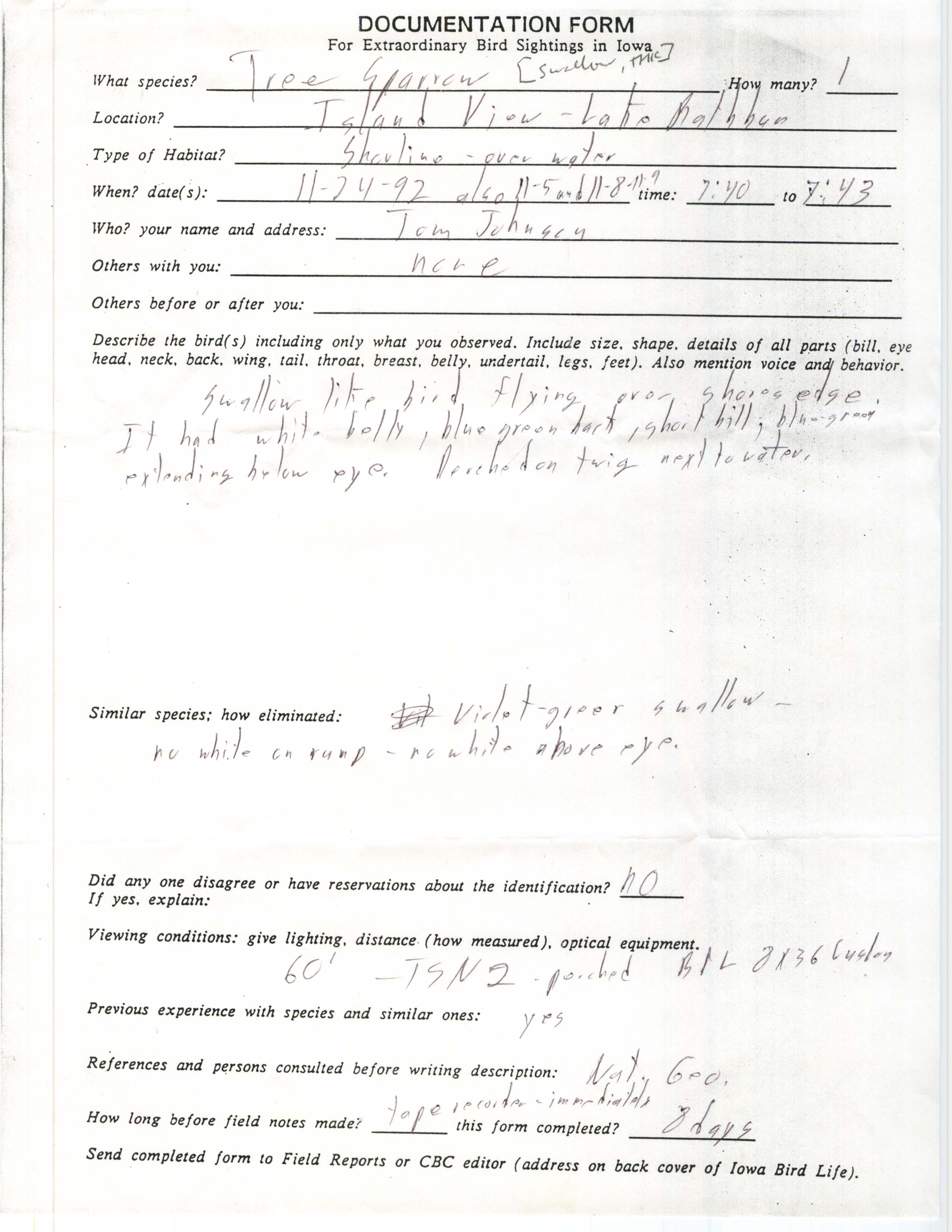 Rare bird documentation form for Tree Swallow at Island View Park in Lake Rathbun in 1992