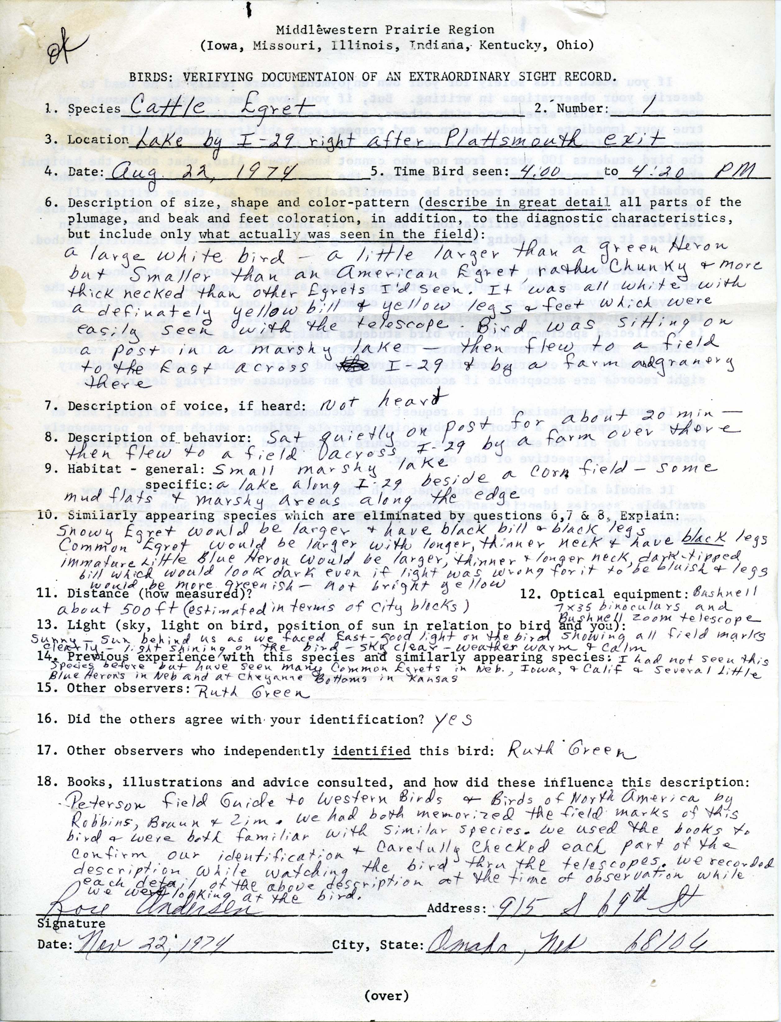Rare bird documentation form for Cattle Egret near Interchange 35 of I-29, 1974