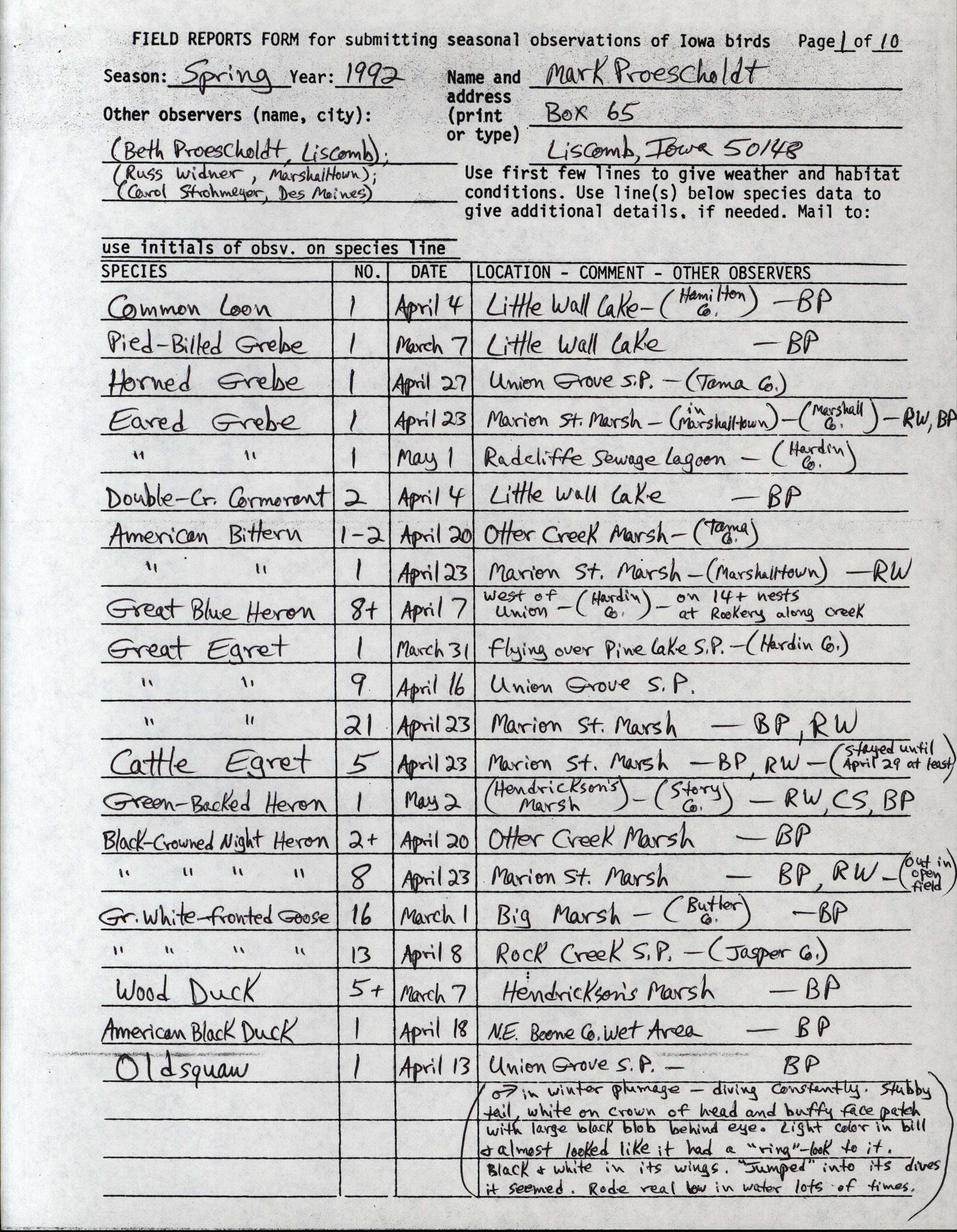 Field reports form for submitting seasonal observations of Iowa birds, Mark Proescholdt, spring 1992